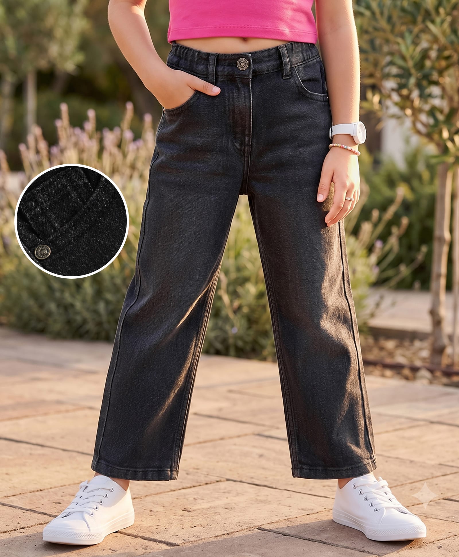 kookie kids india Kookie Kids Full Length Comfort Fit Solid Color Denim Jeans with Button - Black-picture-25