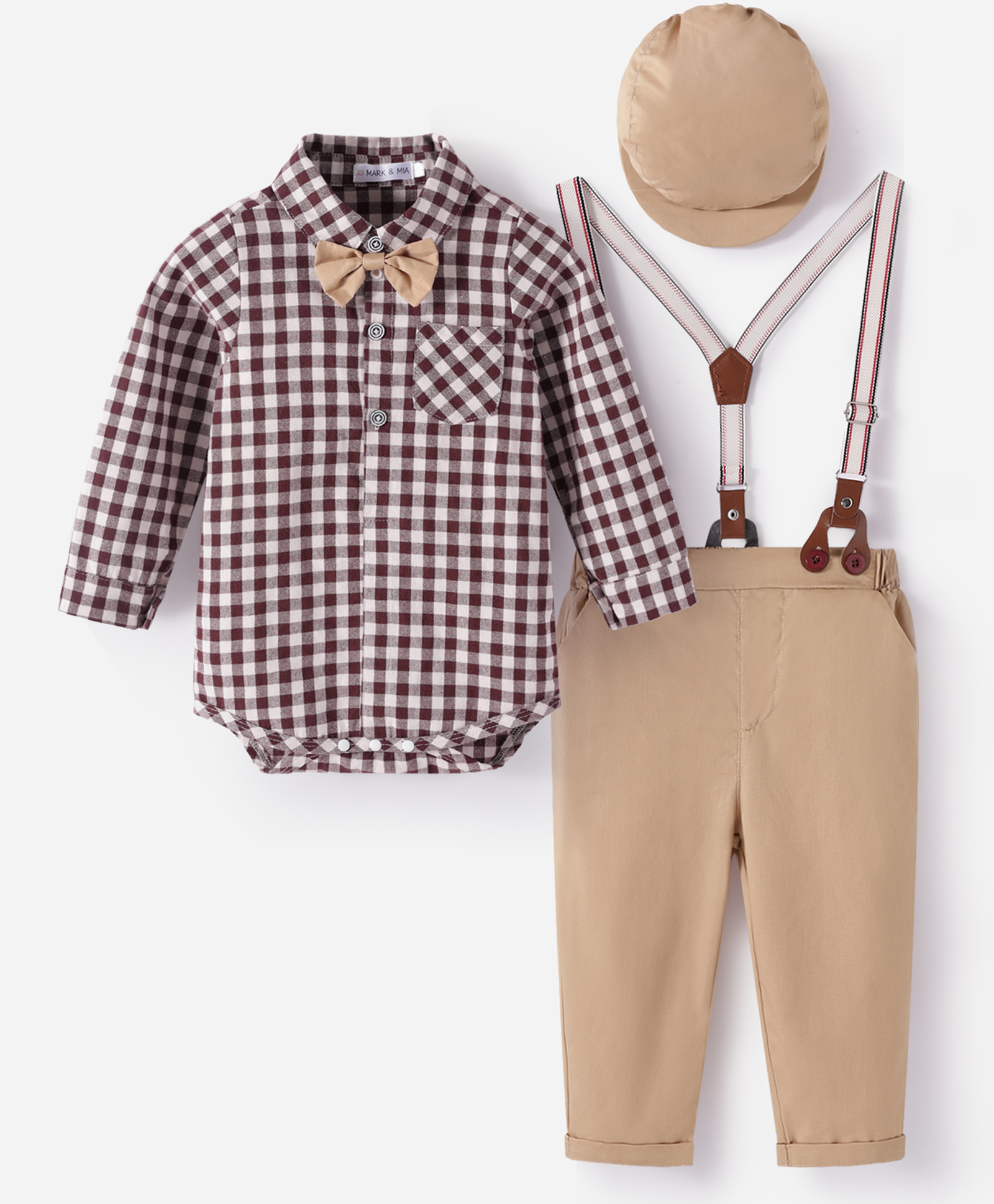 Mark & Mia Cotton Full Sleeves Checkered Party Shirt & Pant Set with Cap Suspender & Bow Applique - Multicolor-picture-16