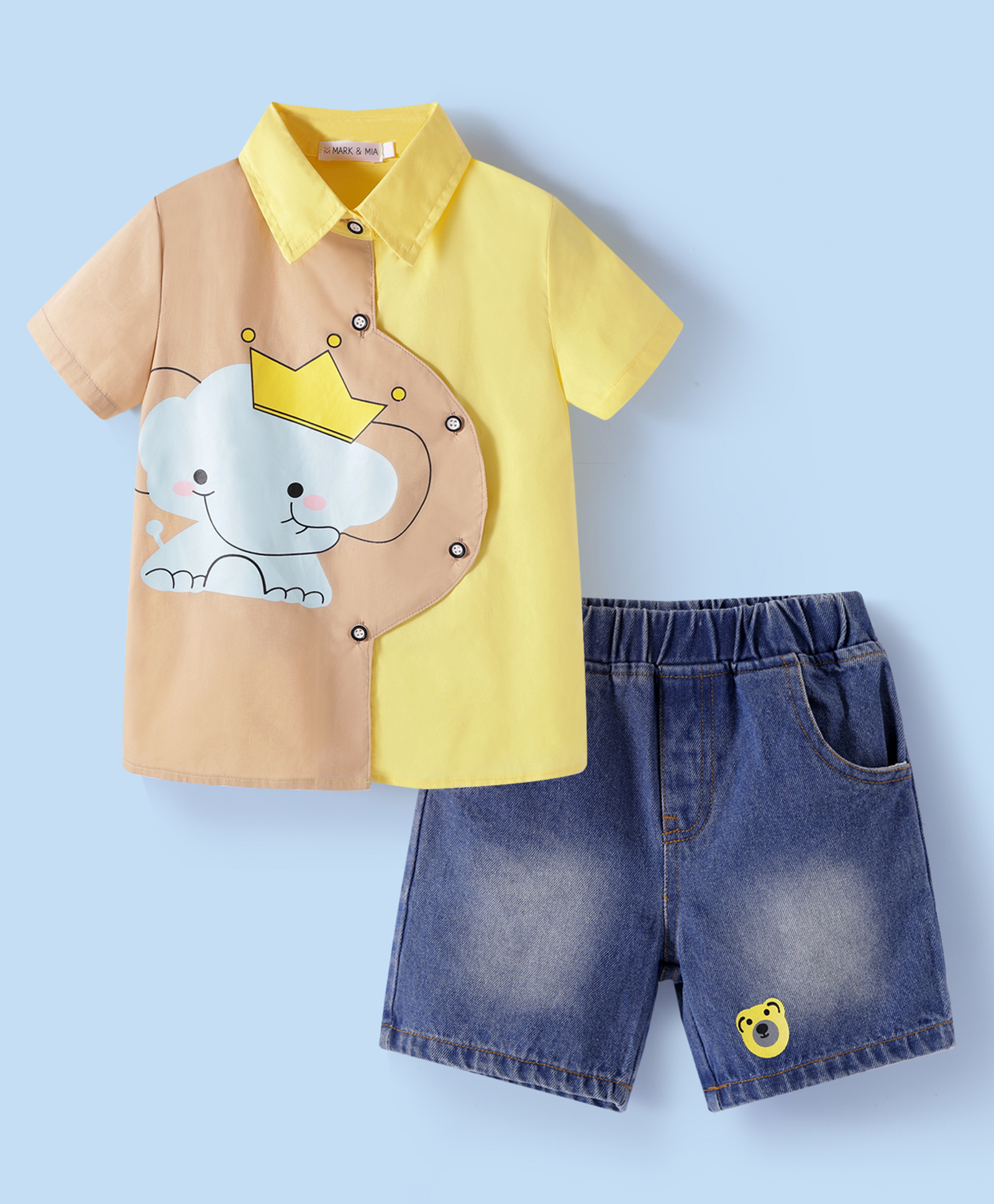 Mark & Mia Cotton Half Sleeves Elephant Printed Shirt & Shorts Set - Yellow-image-26