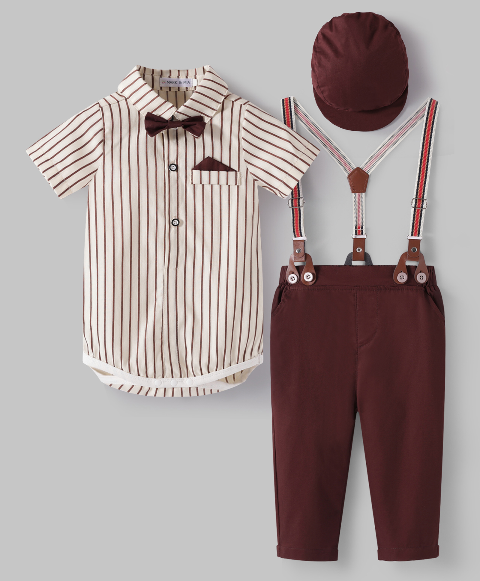 Mark & Mia Cotton Full Sleeves Striped Party Shirt & Pant Set with Cap Suspender & Bow Applique - Multicolor-picture-23