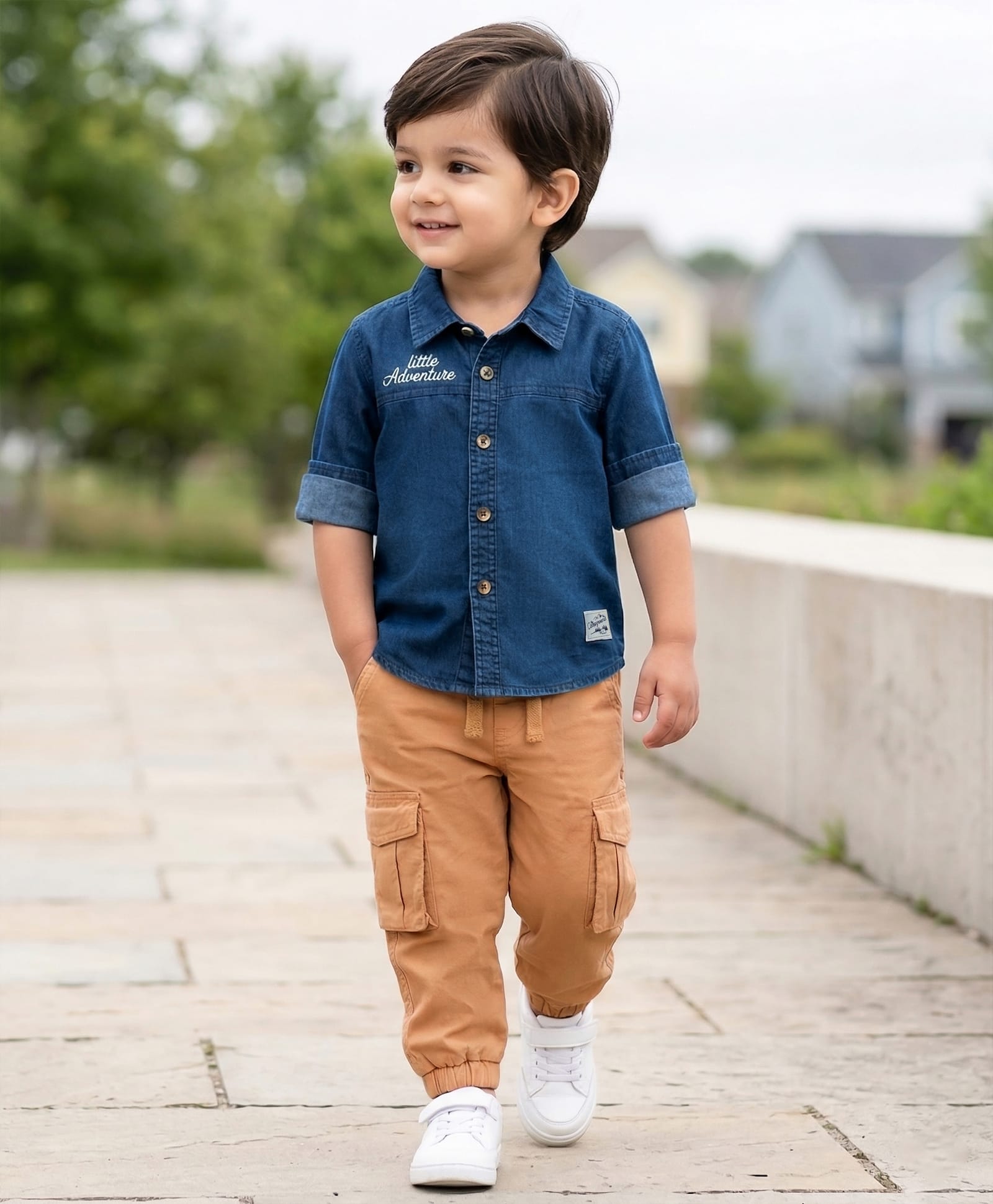 Babyhug Denim Full Sleeves Shirt & Trouser Set with Embroidery - Blue & Brown-image-38