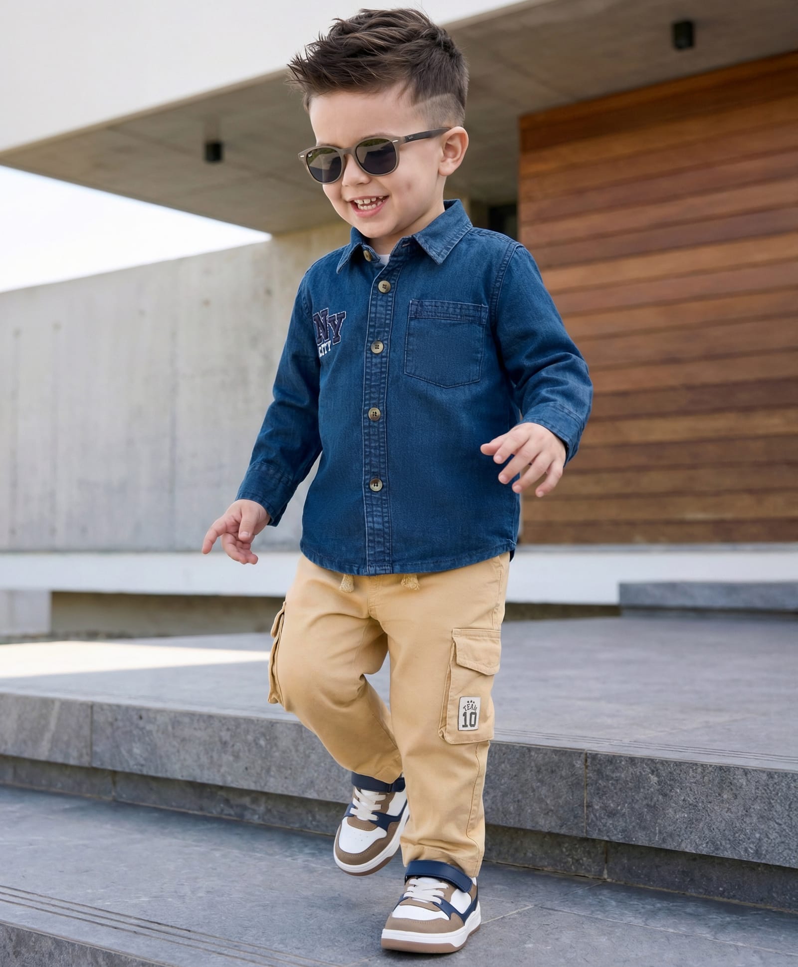 Babyhug Woven Full Sleeves Denim Shirt & Trouser Set With NY Embroidery - Blue & Beige