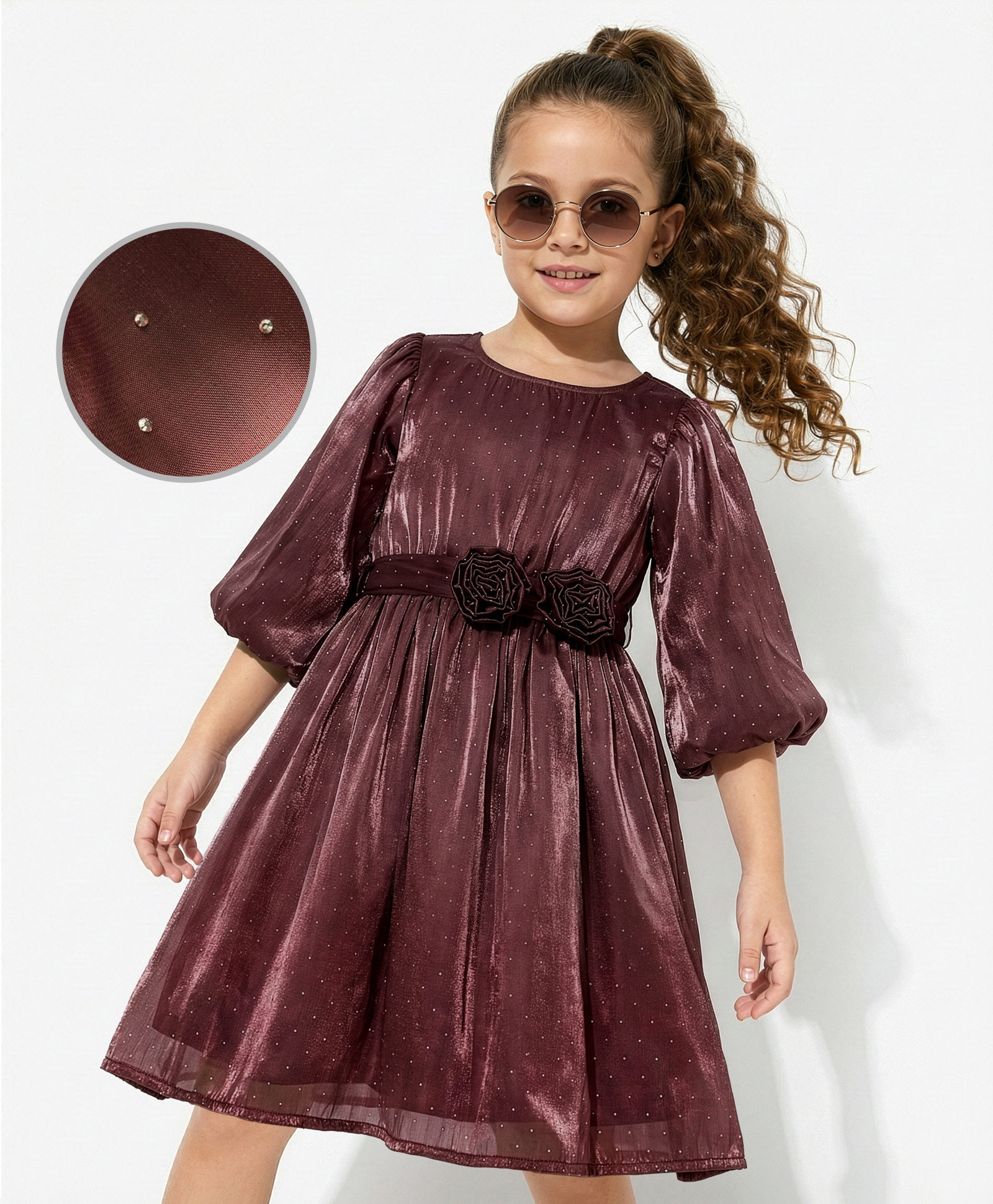 Hola Bonita Woven Three Fourth Sleeves Party Dress With Corsage & Belt - Mauve-image-23