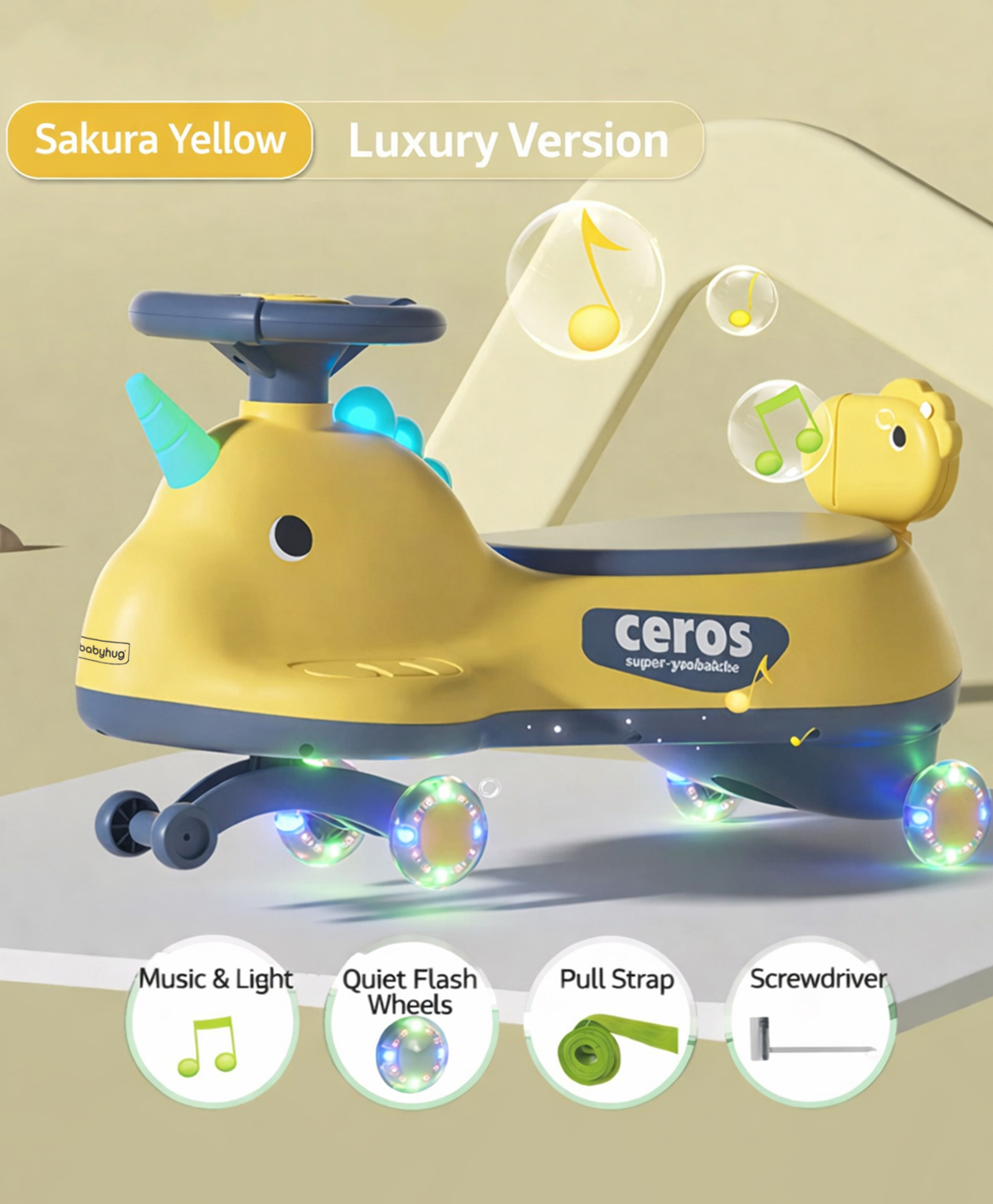 Babyhug Dino Kids Swing Car with ABEC 7 Bearing Lights & Music- Yellow| Smooth PU LED Wheels| Easy to Operate| Built for Rough Play| Encourages Physical Activity| For Kids of 3 to 8 years| Sport Gift