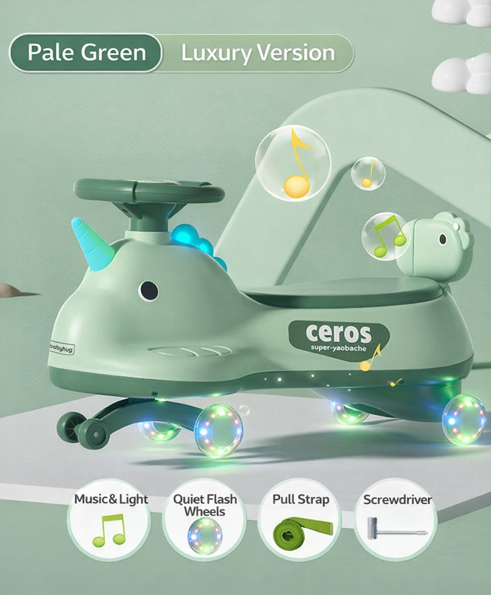 Babyhug Dino Kids Swing Car with ABEC 7 Bearing Lights & Music- Green| Smooth PU LED Wheels| Easy to Operate| Built for Rough Play| Encourages Physical Activity| For Kids of 3 to 8 years| Sport Gift