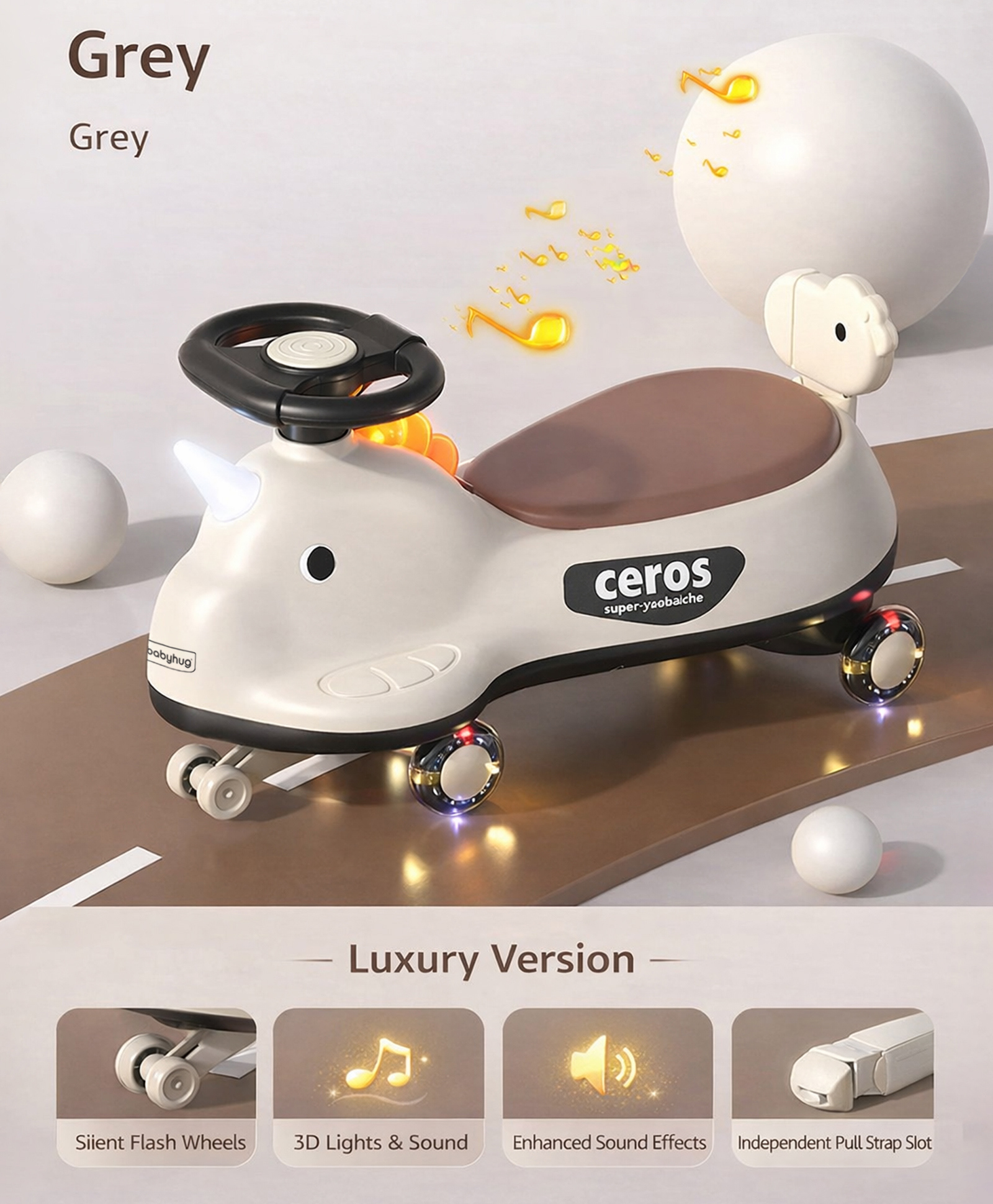 Babyhug Dino Kids Swing Car with ABEC 7 Bearing Lights & Music- Grey| Smooth PU LED Wheels| Easy to Operate| Built for Rough Play| Encourages Physical Activity| For Kids of 3 to 8 years| Sport Gift