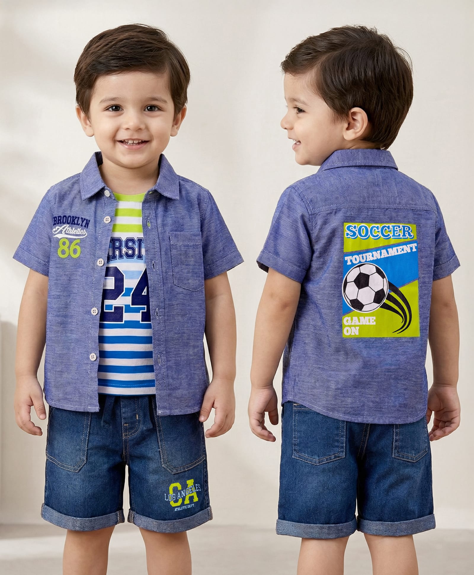 Babyhug Cotton Knit Half Sleeves Shirt & Denim Shorts Set With Printed Inner Tee - Blue-picture-12