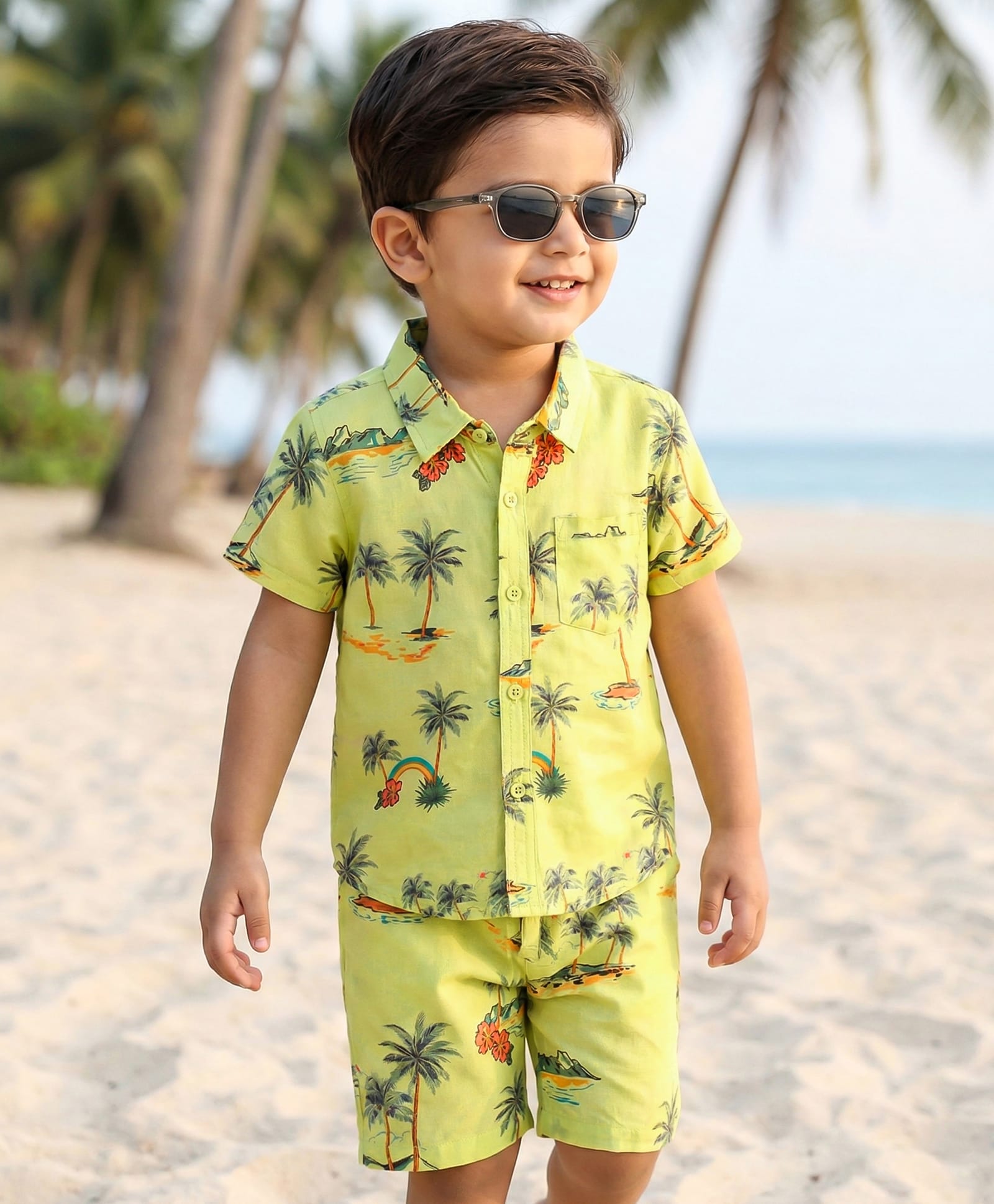 Babyhug Rayon Woven Half Sleeves Palm Tree Printed Shirt & Shorts Set - Light Green-image-29