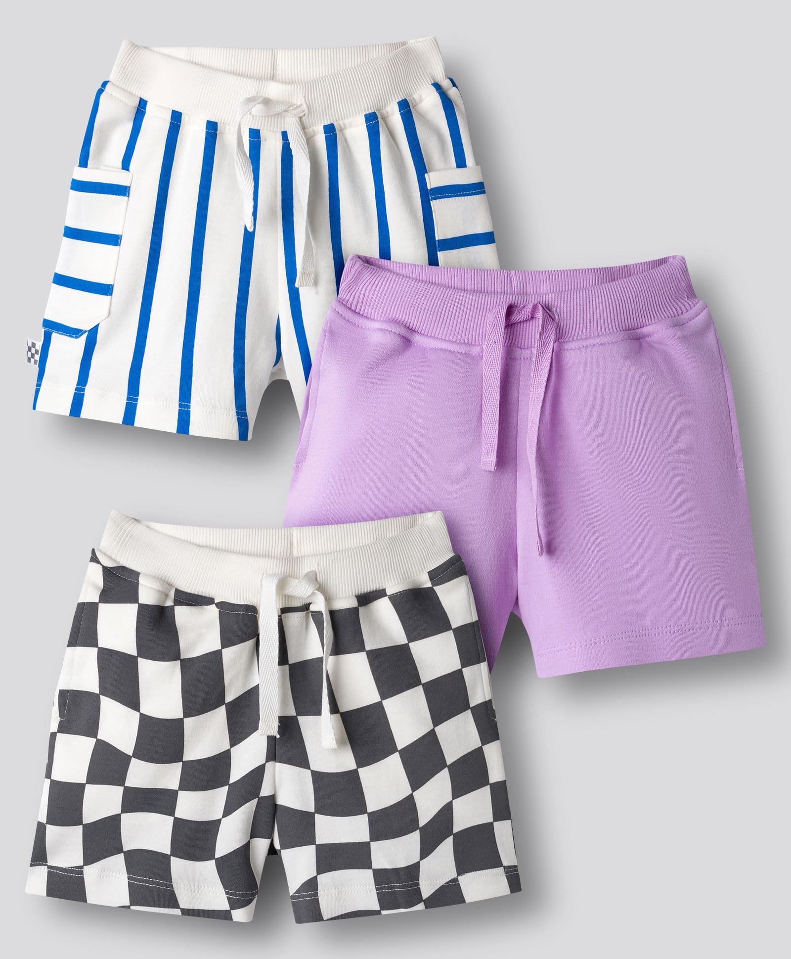 Bonfino 100% Cotton Knit Above Knee Length Shorts with Stripes Pack of 3 - White & Lavender-image-39