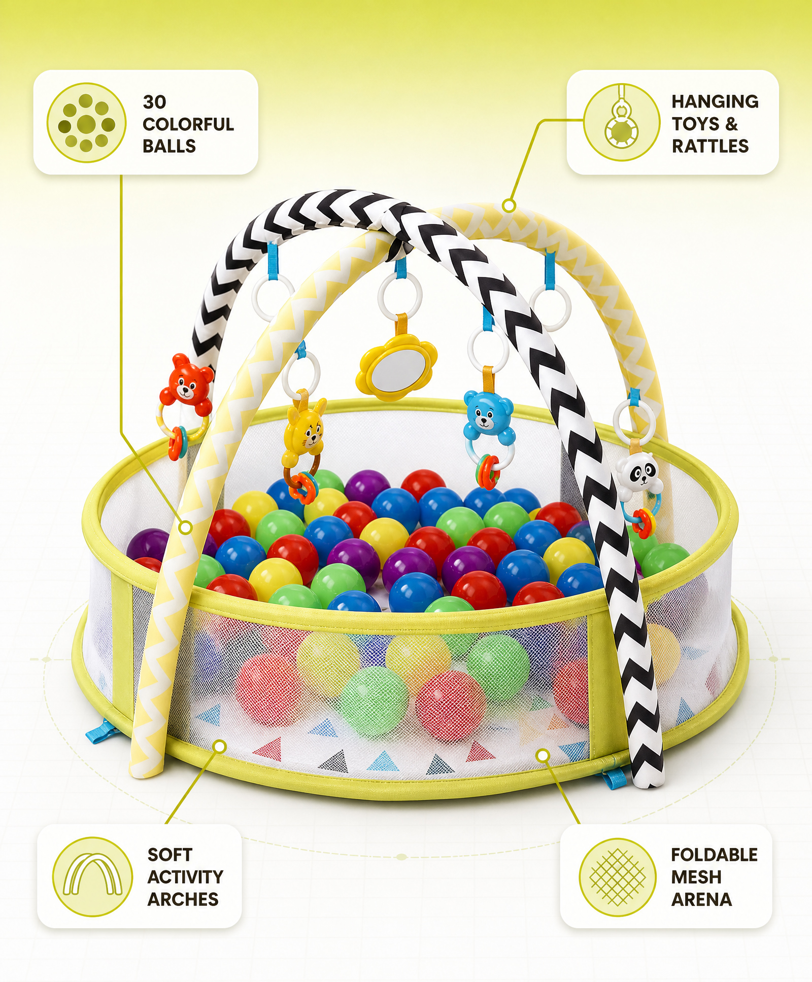 Babyhug Disney Baby 3-in-1 Play Gym with Ball Pit, Hanging Toys & Mickey Storage Pocket| 30 Colorful Balls| Flexible Arches| Foldable Mesh Arena| Sensory & Motor Skill Development| BIS Certified-image-14