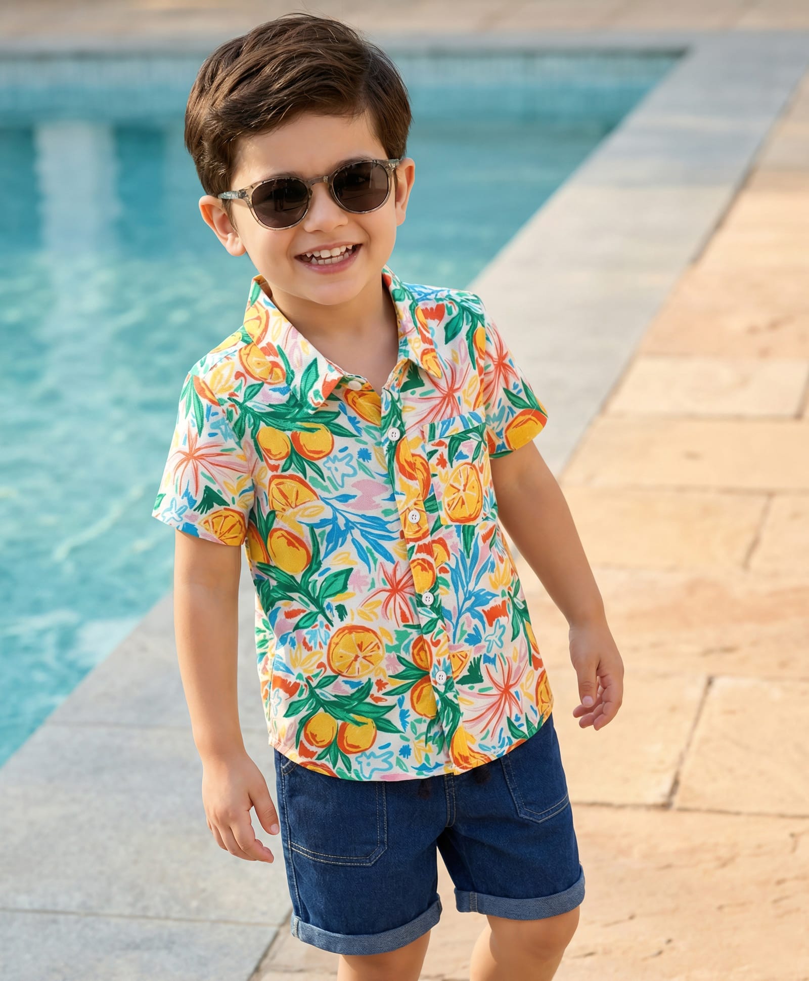 Babyhug Rayon Woven Half Sleeves Shirt & Denim Shorts Set With Tropical Print - Multicolor