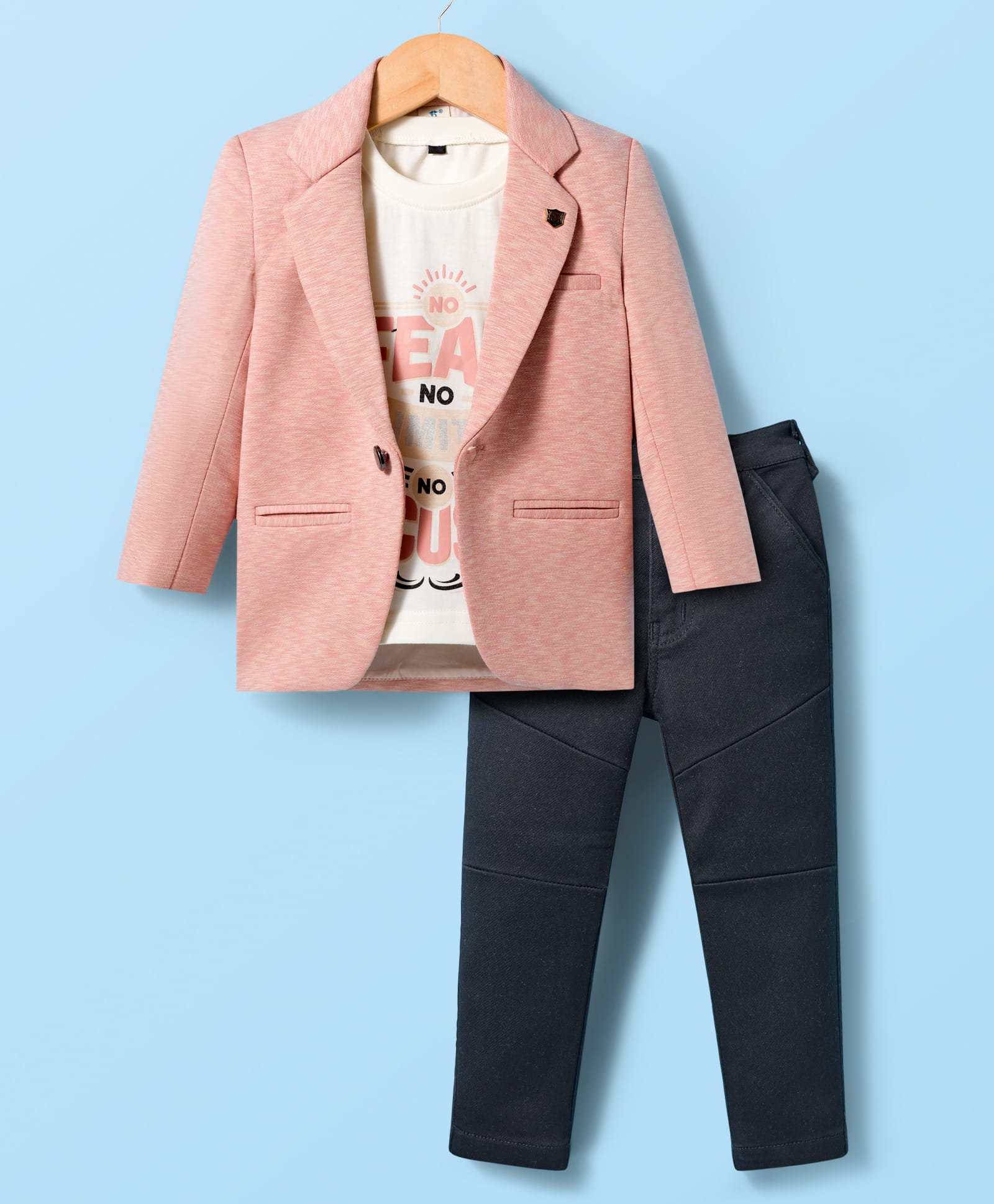 Dapper Dudes Full Sleeves Solid Blazer With Typography Printed Tee & Pants Set - Peach-picture-20