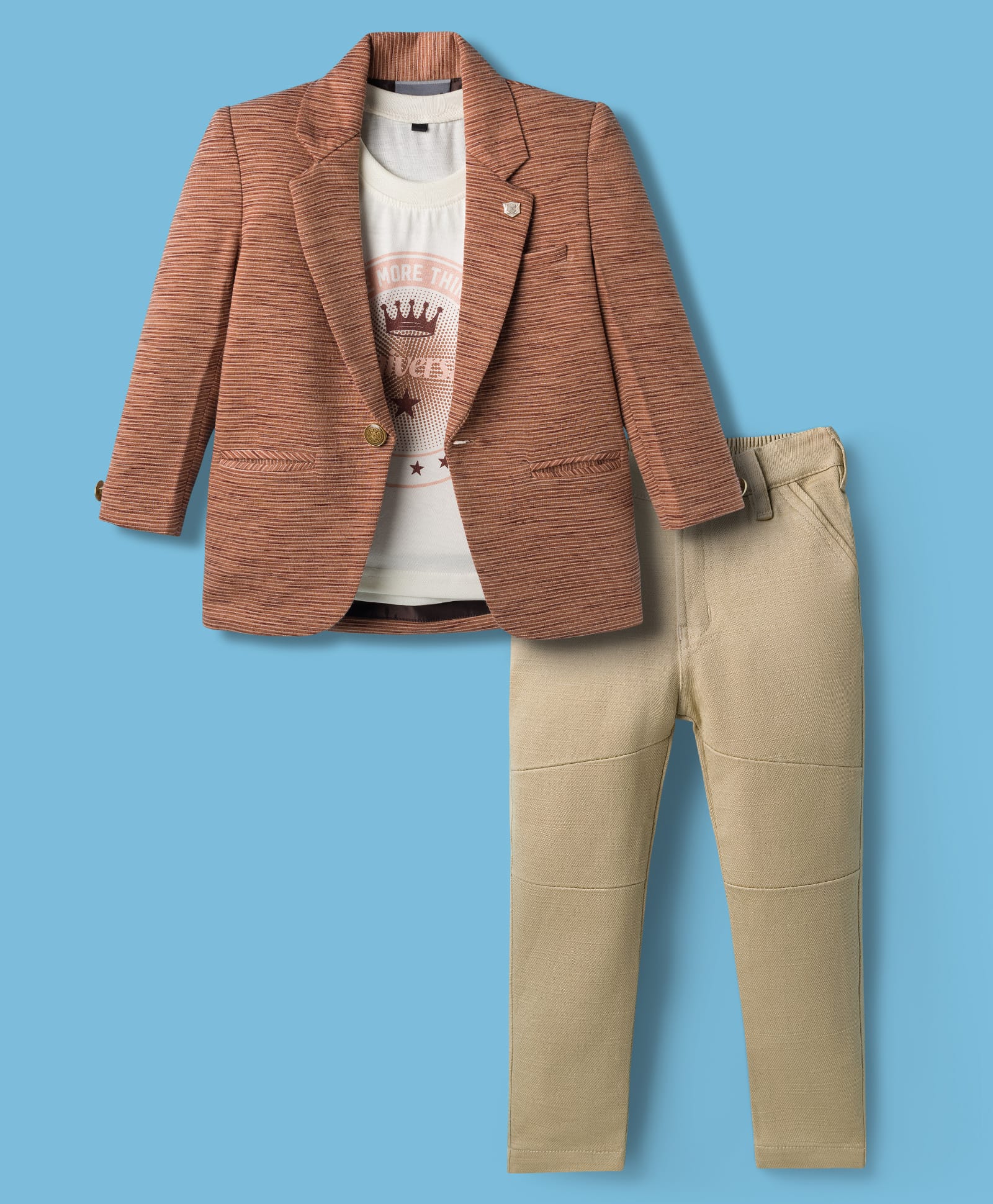 Dapper Dudes Full Sleeves Striped Blazer With Typography Printed Tee & Pant Set - Brown-picture-17