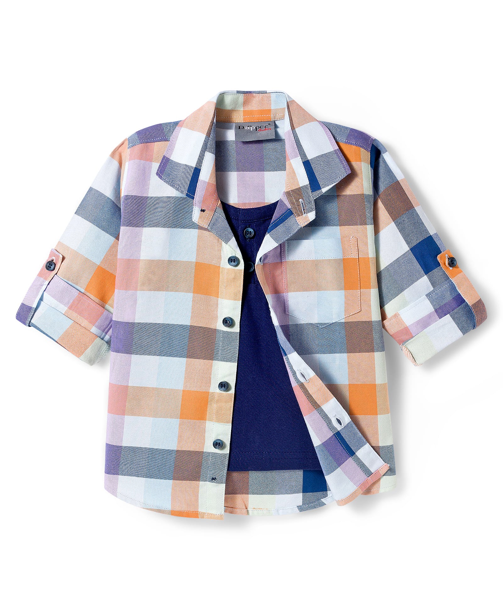 Dapper Dudes Full Sleeves Checked Shirt With Attached Tee - Blue-image-25