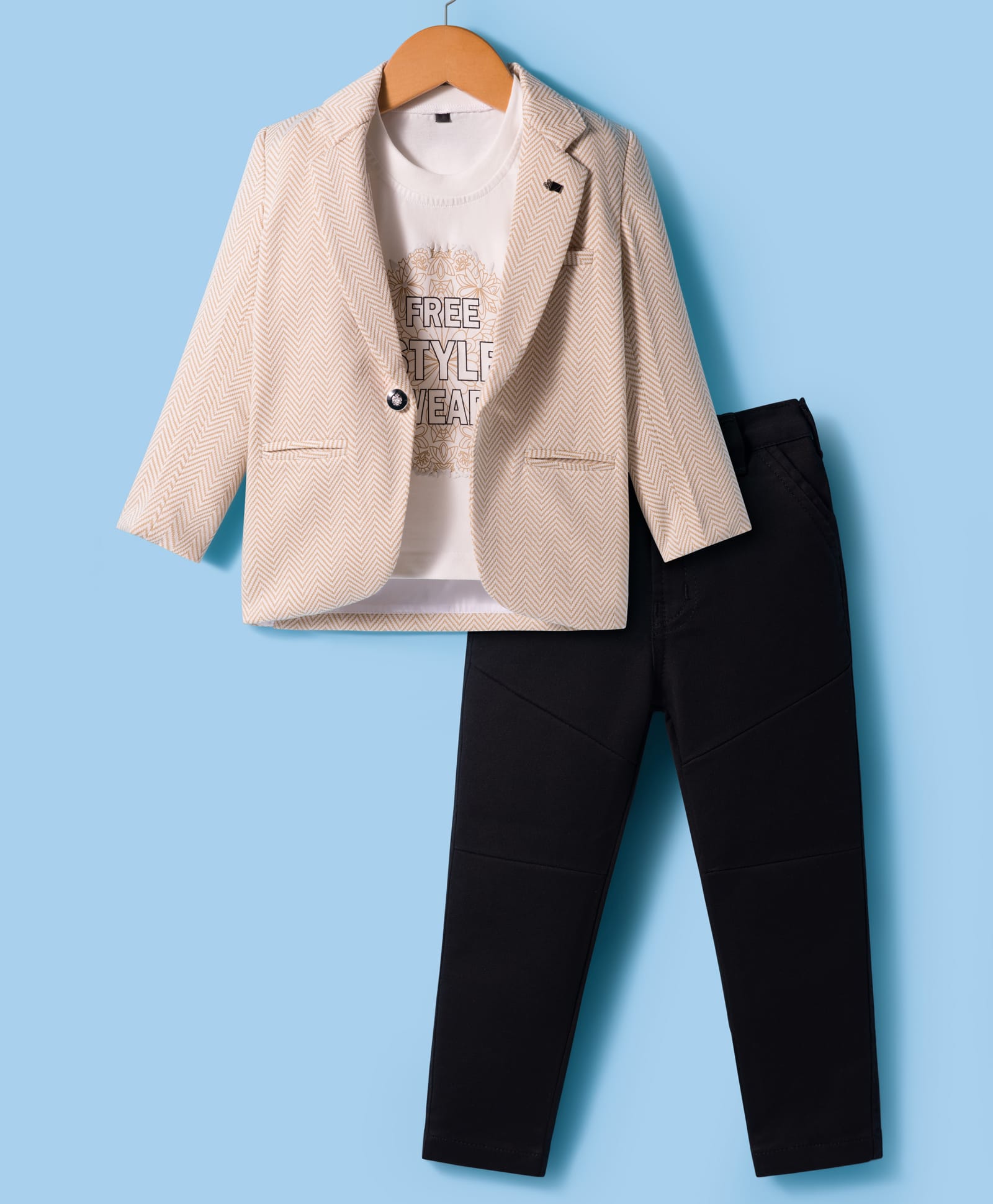 Dapper Dudes Full Sleeves Chevron Printed Blazer With Tee & Pant Set - Fawn-image-15
