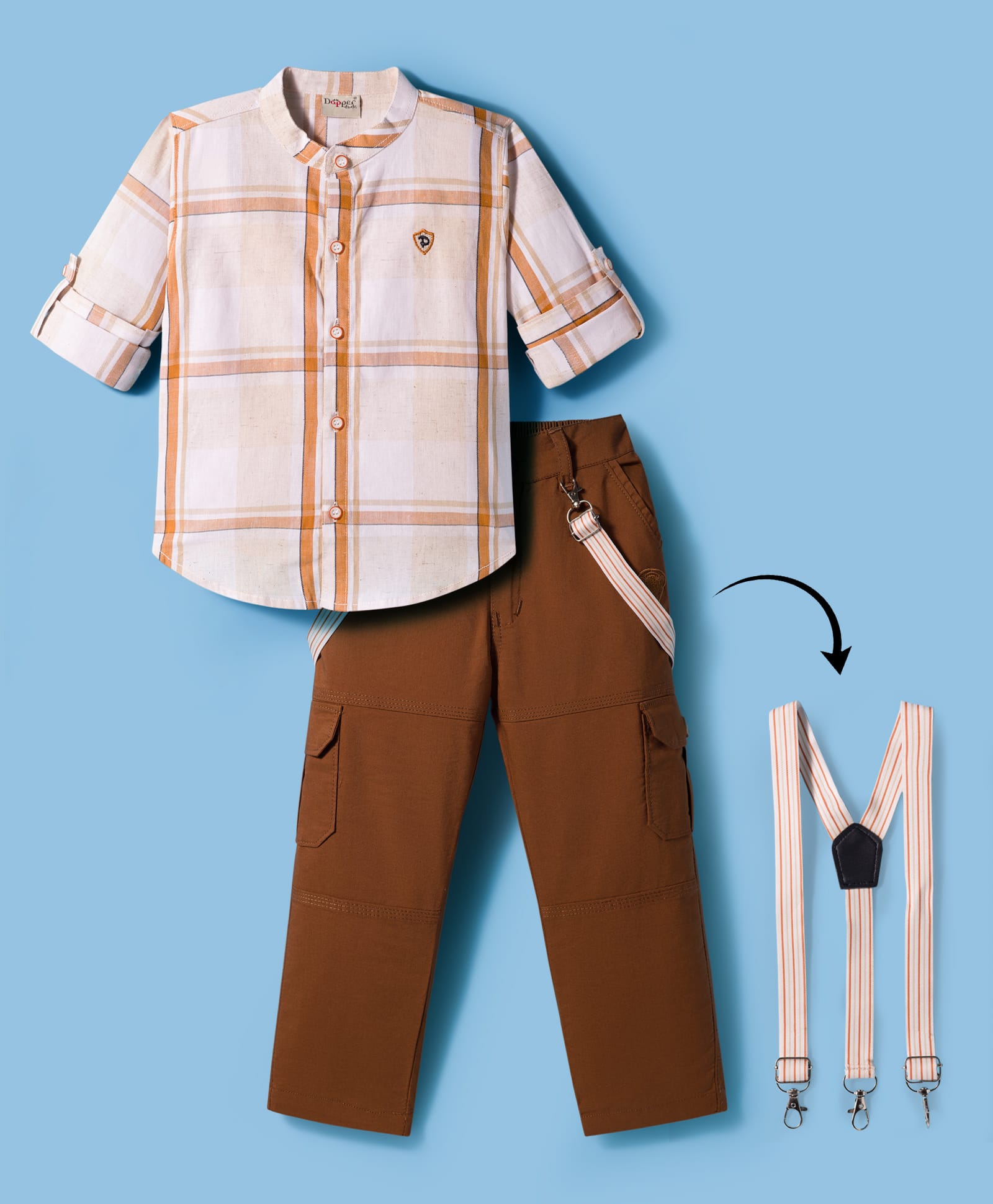 Dapper Dudes Full Sleeves Checked Shirt & Pant With Suspender Set - Brown-image-18