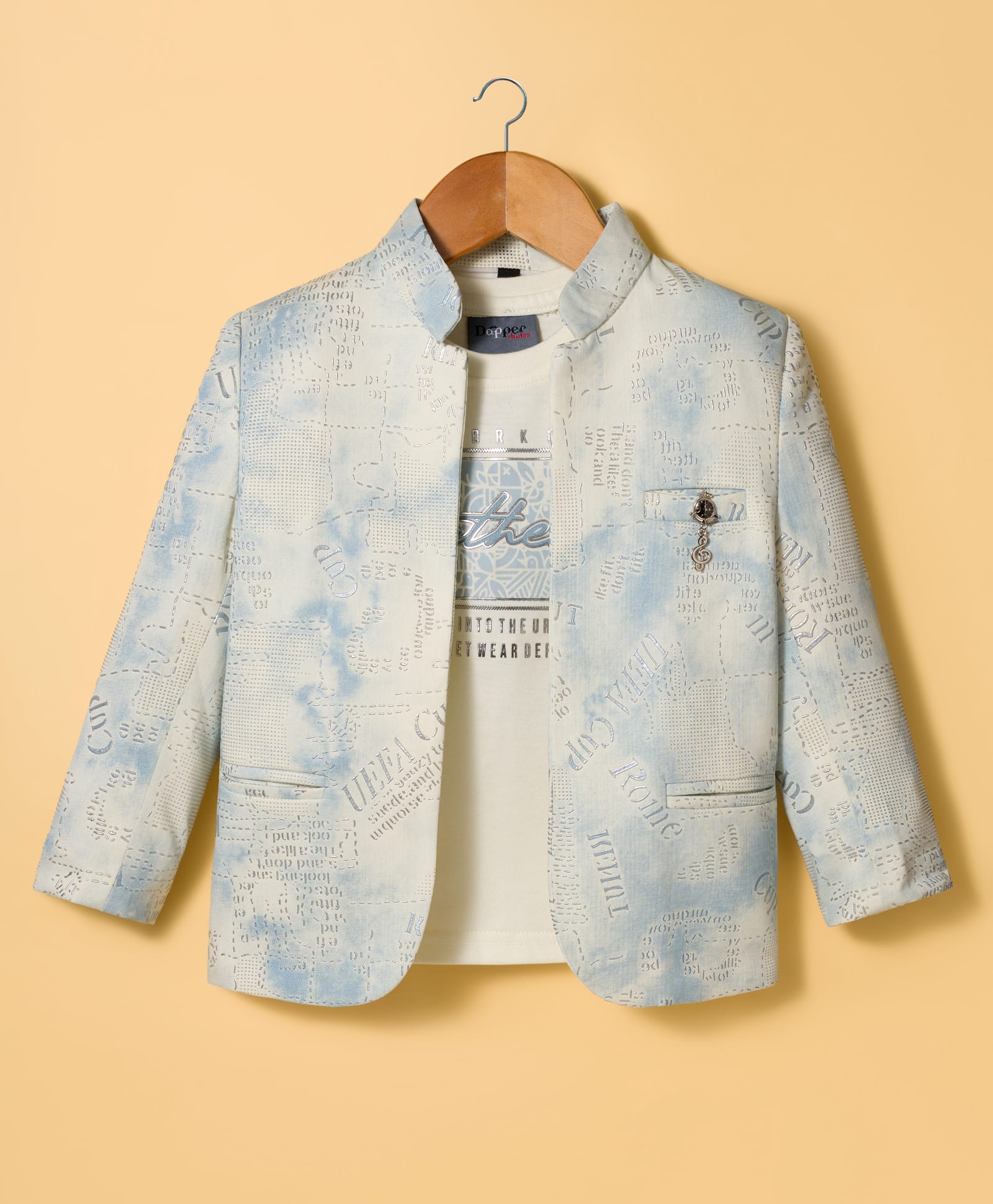 Dapper Dudes Full Sleeves Typography Foil Printed Blazer With Tee Set - Blue-picture-20
