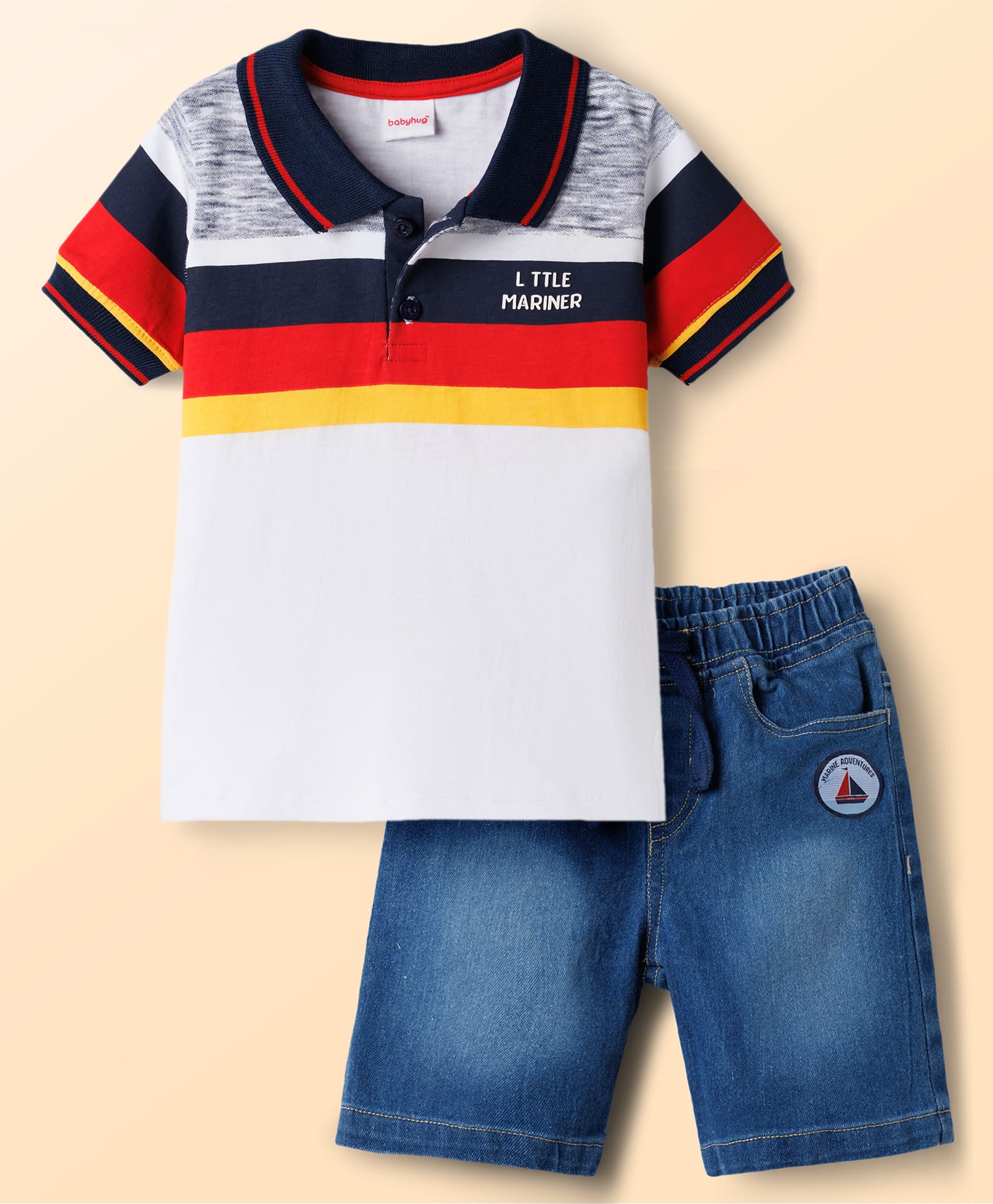 Babyhug Single Jersey Knit Half Sleeves Cut & Sew Polo T-Shirt & Denim Shorts Set with Nautical Theme Embroidery - Blue-image-15