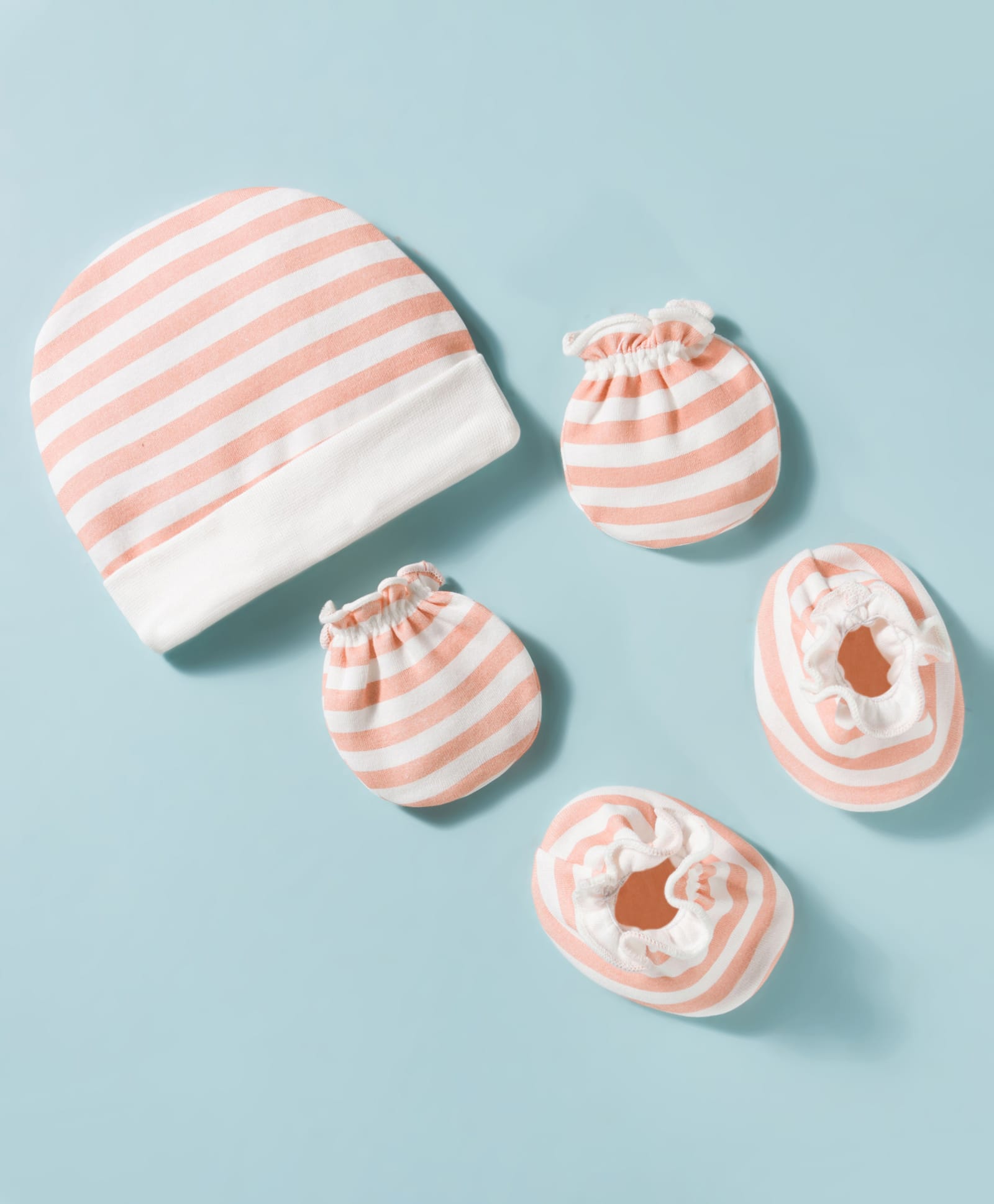 Ben Benny Interlock Knit Striped Cap Mitten & Booties Set Peach & White - Diameter 10 cm-image-48