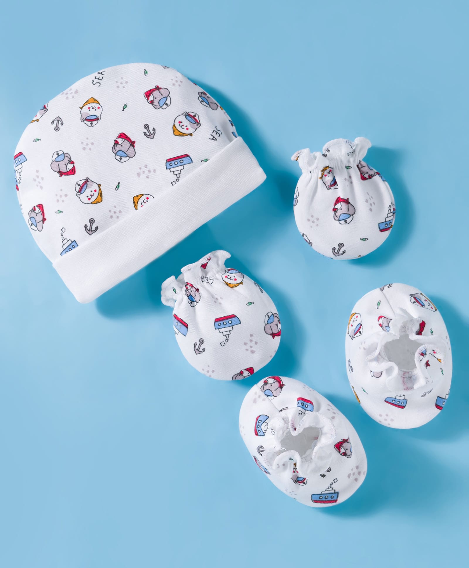 Ben Benny Interlock Knit Cap Mitten & Booties Set with Sailor Kitty & Puppy Print White - Diameter 11 cm-image-22