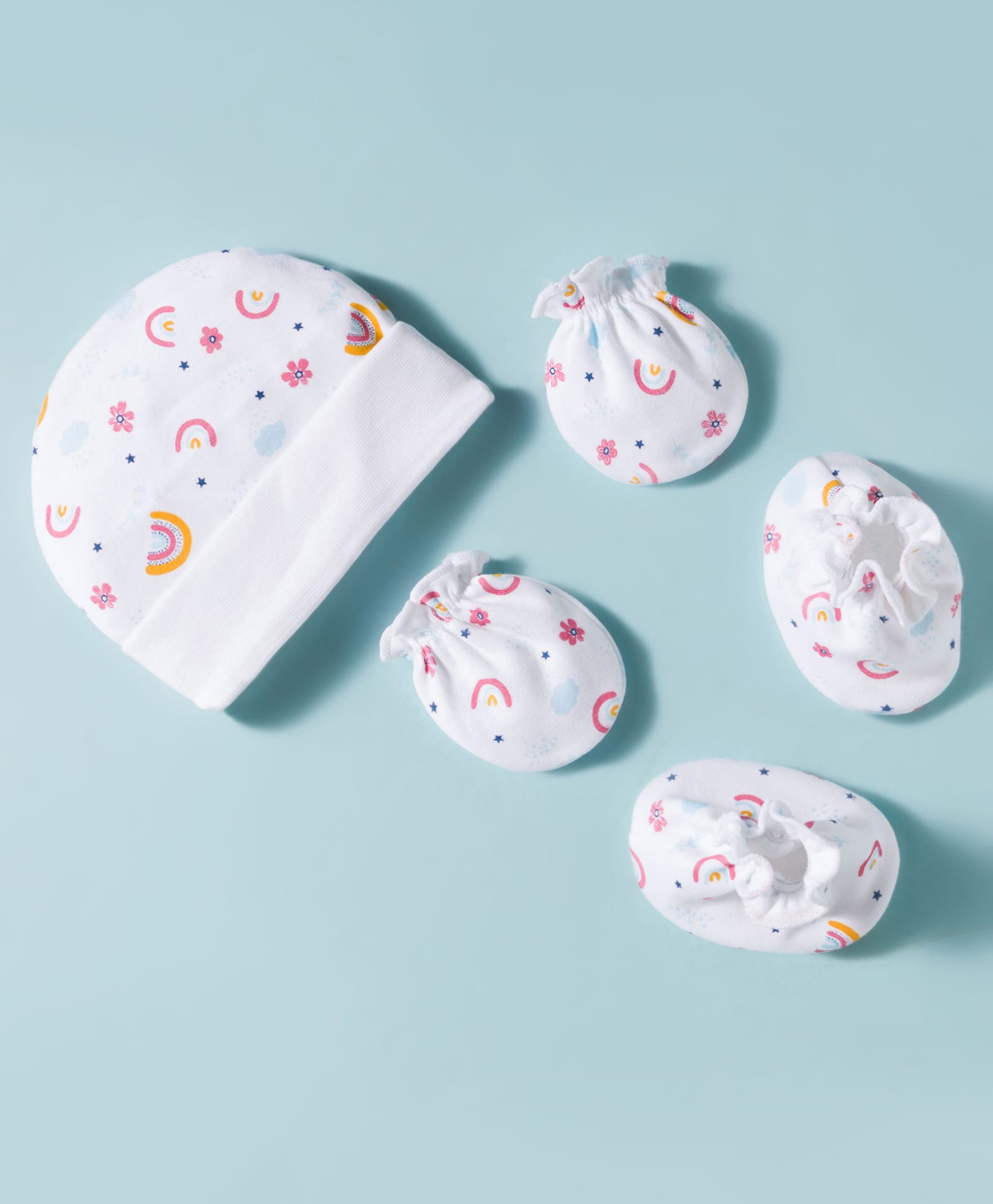 Ben Benny Interlock Knit Cap Mitten & Booties Set with Floral & Rainbow Print White - Diameter 11 cm-picture-28