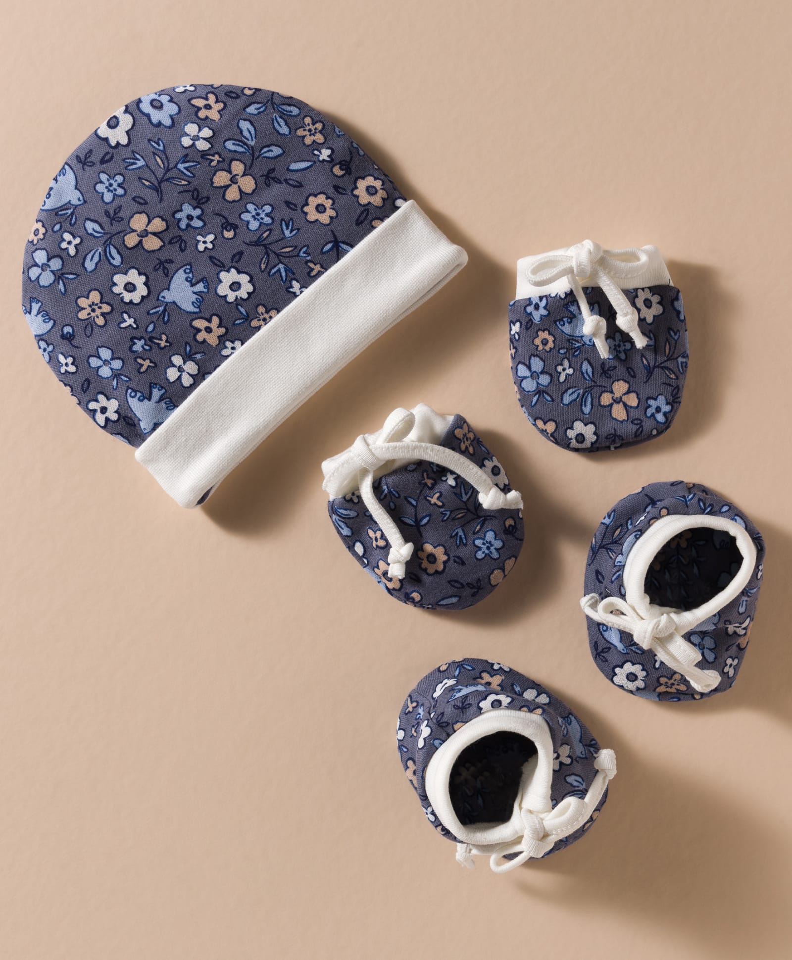 Ben Benny Interlock 100% Cotton Knit Cap Mitten & Booties Set with Floral Print Navy Blue - Diameter 9 cm-picture-24