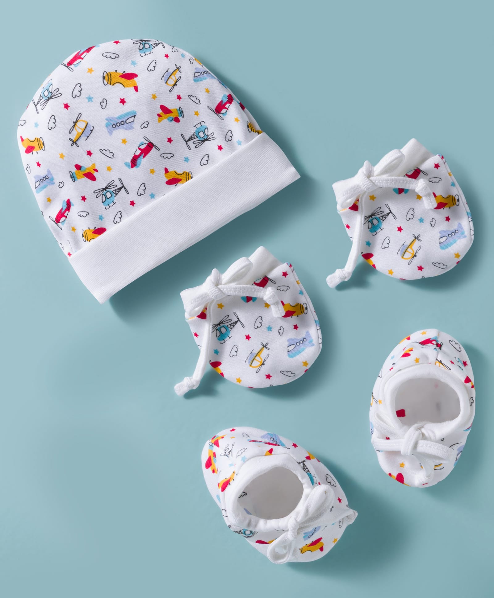 ben benny interlock 100% cotton knit cap mitten & booties set with airplane print white - diameter 9 cm