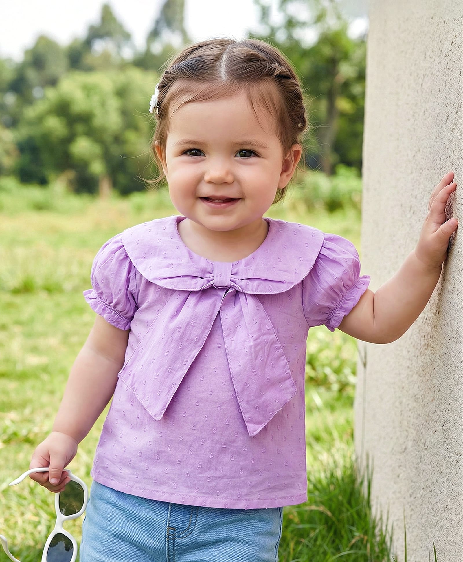 Babyoye Cotton Woven Half Puffed Sleeves Solid Colour Top - Lilac-image-25