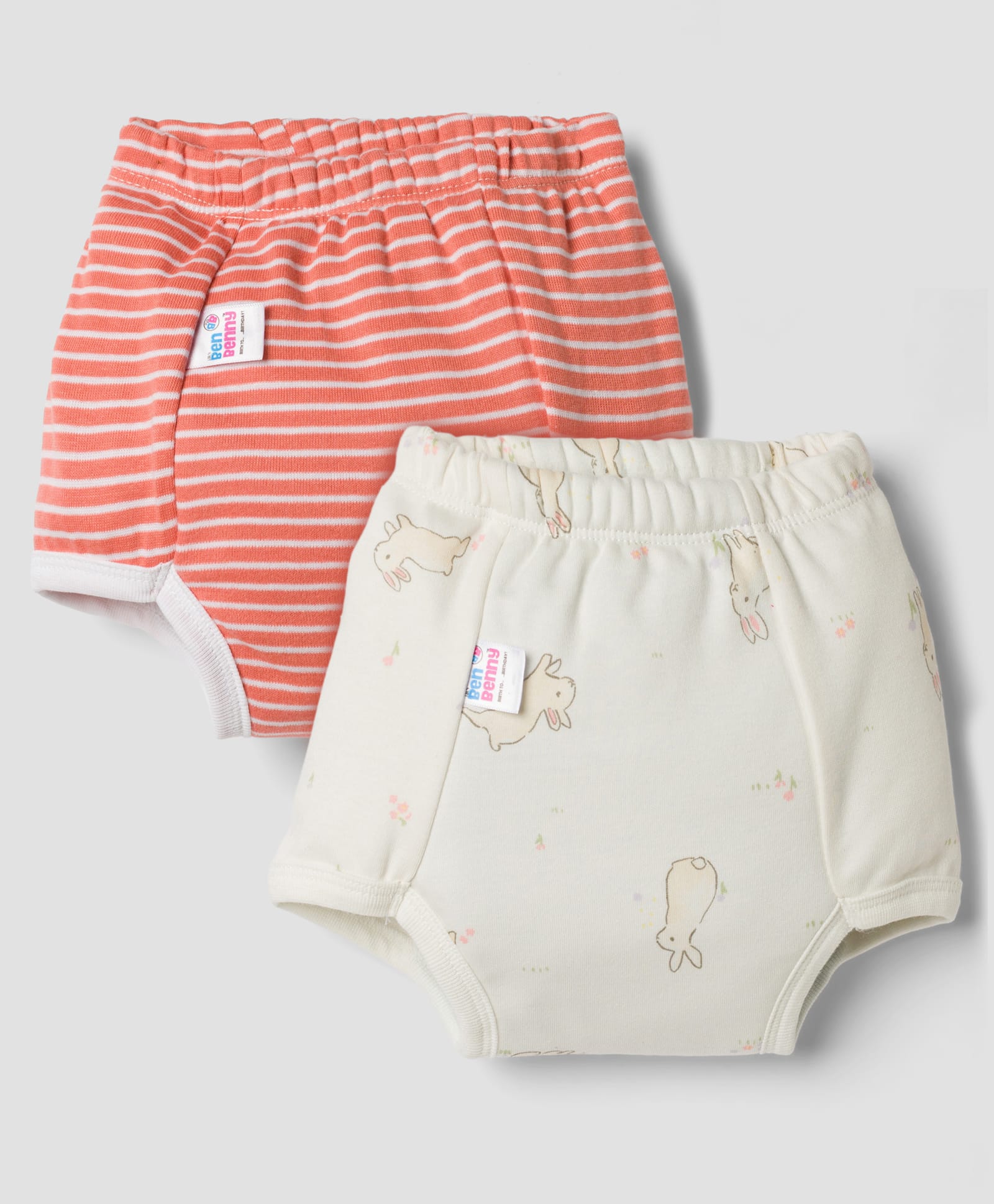 Ben Benny Interlock Knit Mid Thigh Striped & Bunny Printed Trainers Padded Pants Pack of 2 - White & Coral-image-29