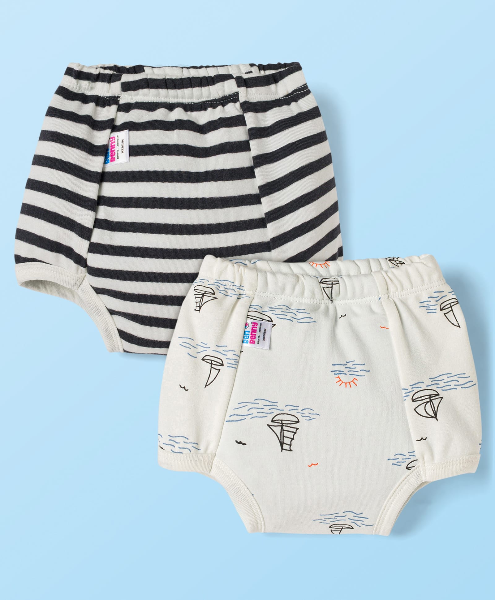 Ben Benny Interlock Knit Mid Thigh Striped & Boat Printed Trainers Padded Pants Pack of 2 - Black & White-image-33