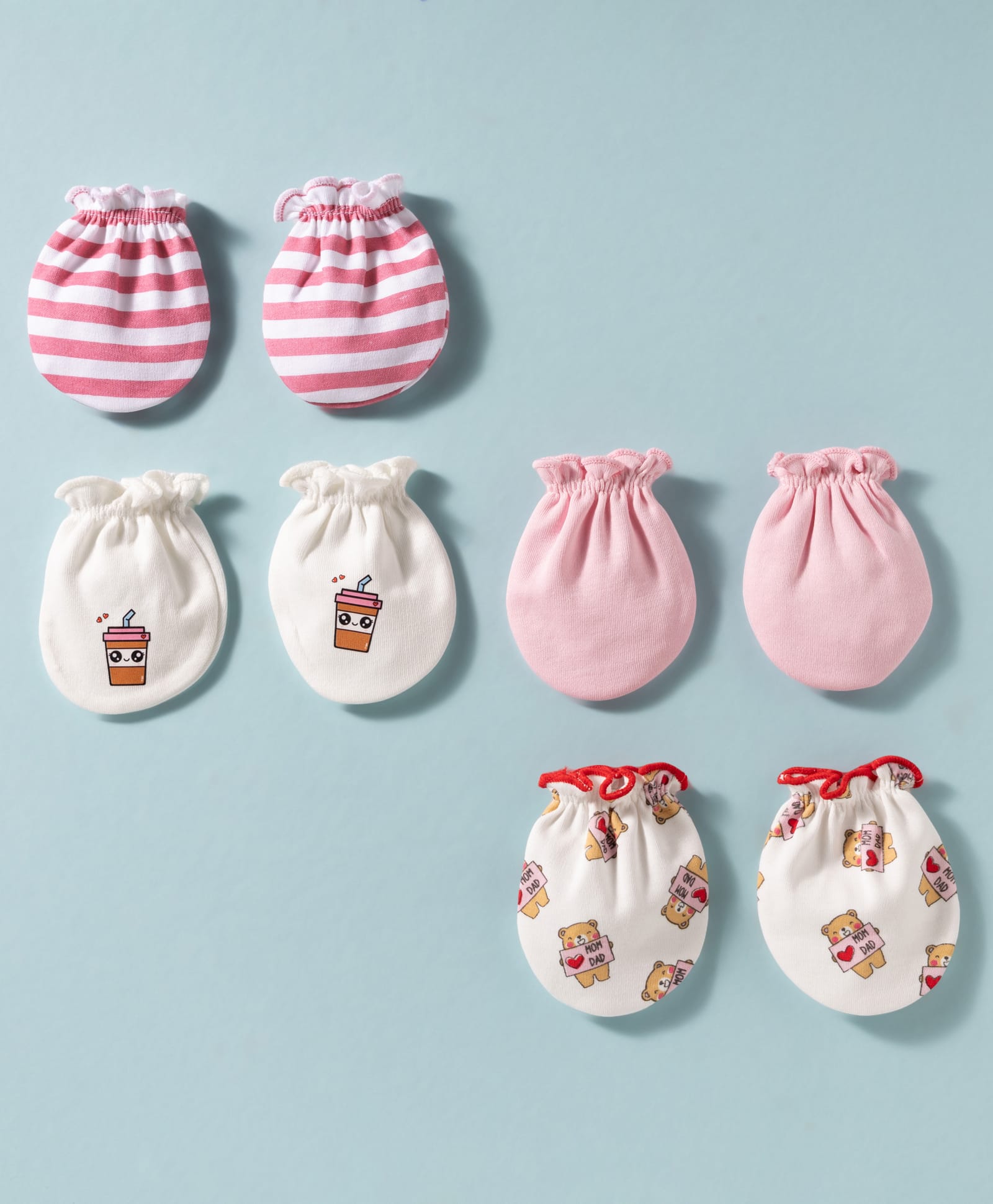 Ben Benny Interlock Knit Striped & Bear Printed Mittens Pack of 4 - Pink & White-image-49