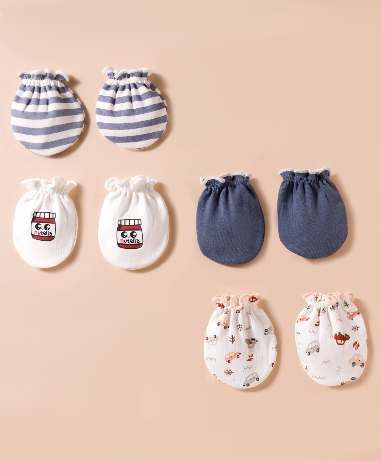 Ben Benny Interlock Knit Solid, Striped & Car Print Mittens Pack of 4- White & Dark Grey-picture-18