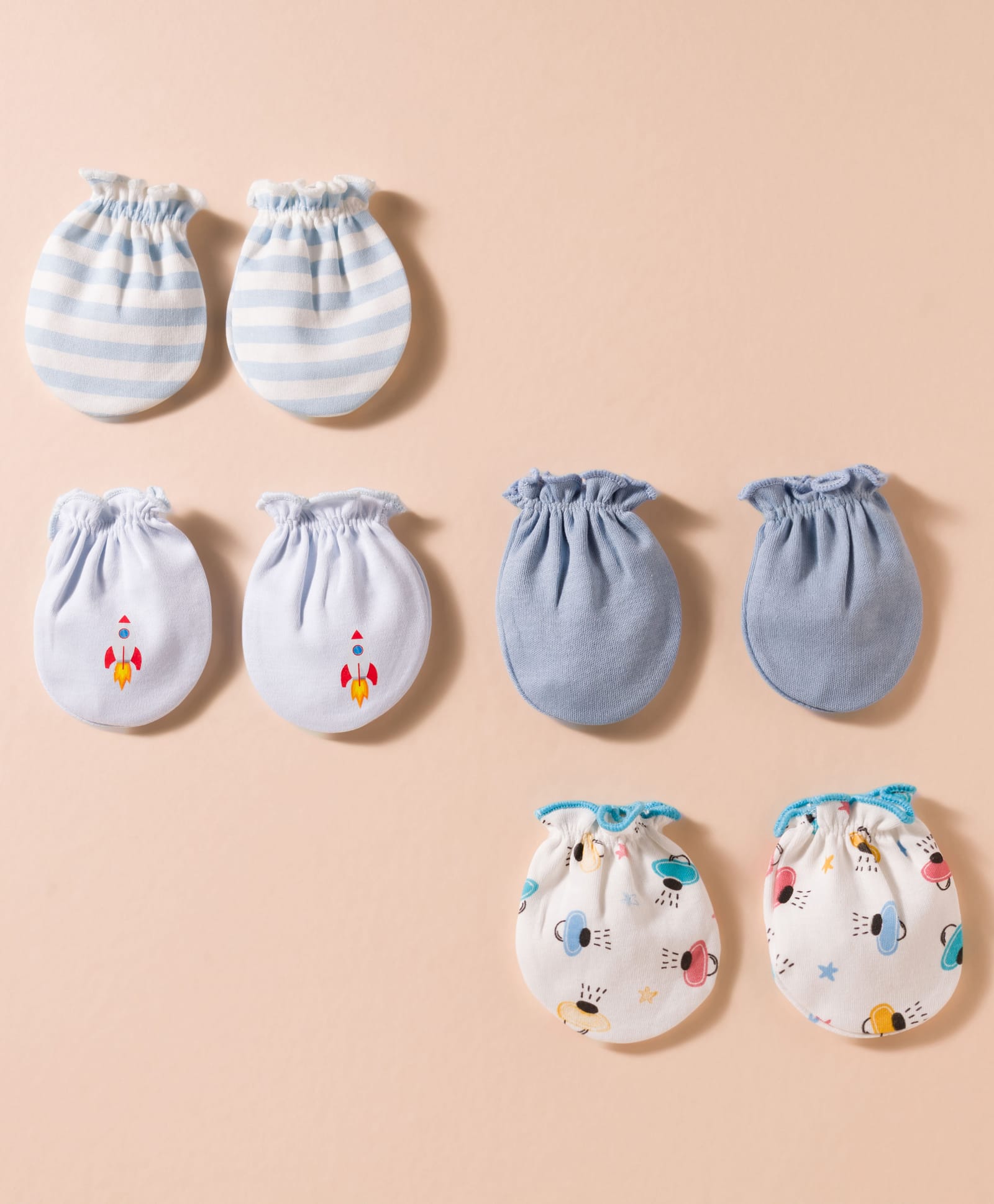 Ben Benny Interlock Knit Solid, Striped & Space Theme Print Mittens Pack of 4- White & Light Blue-picture-30