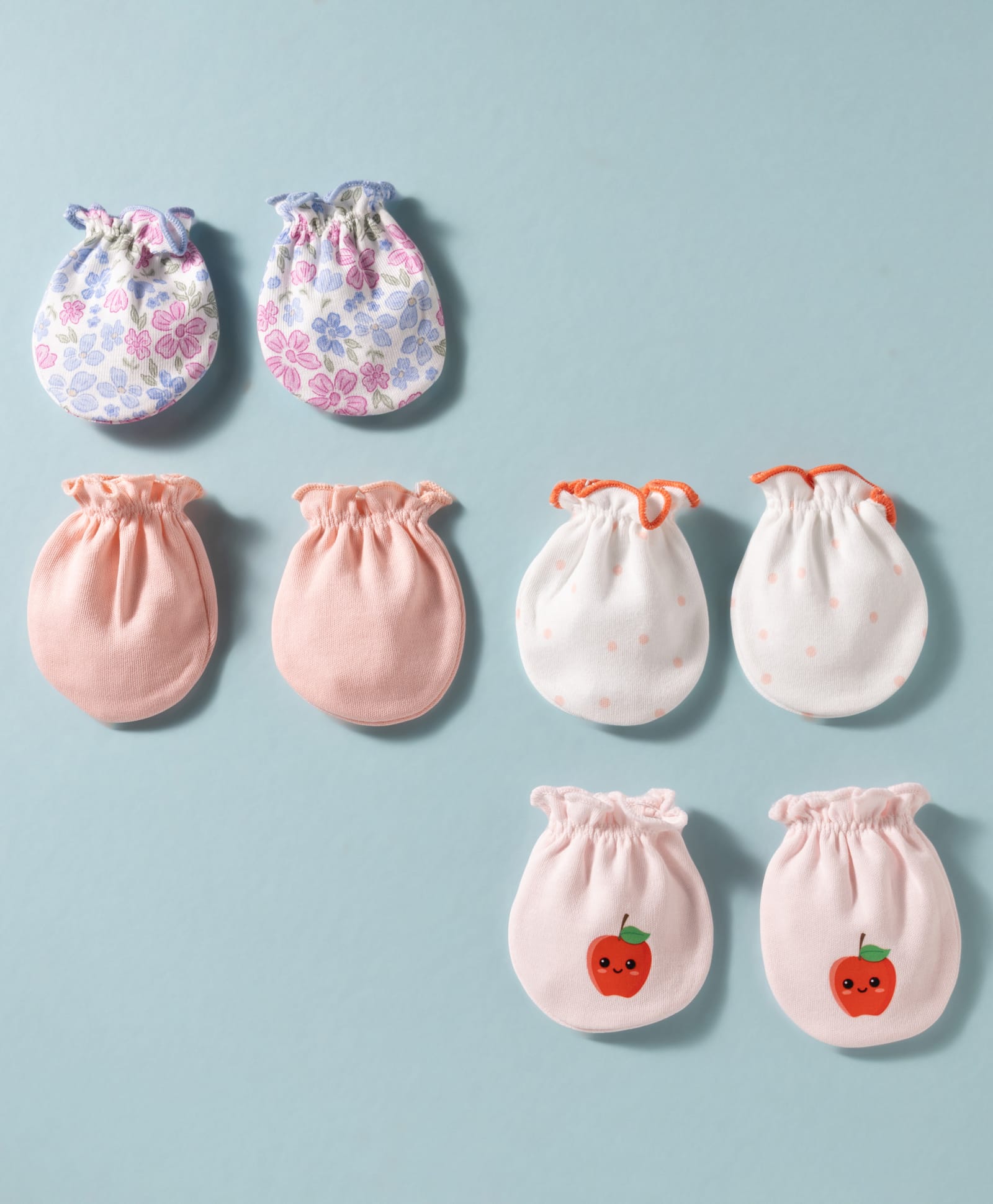 Ben Benny Interlock Knit Solid, & Floral Print Mittens Pack of 4- White & Peach-image-15
