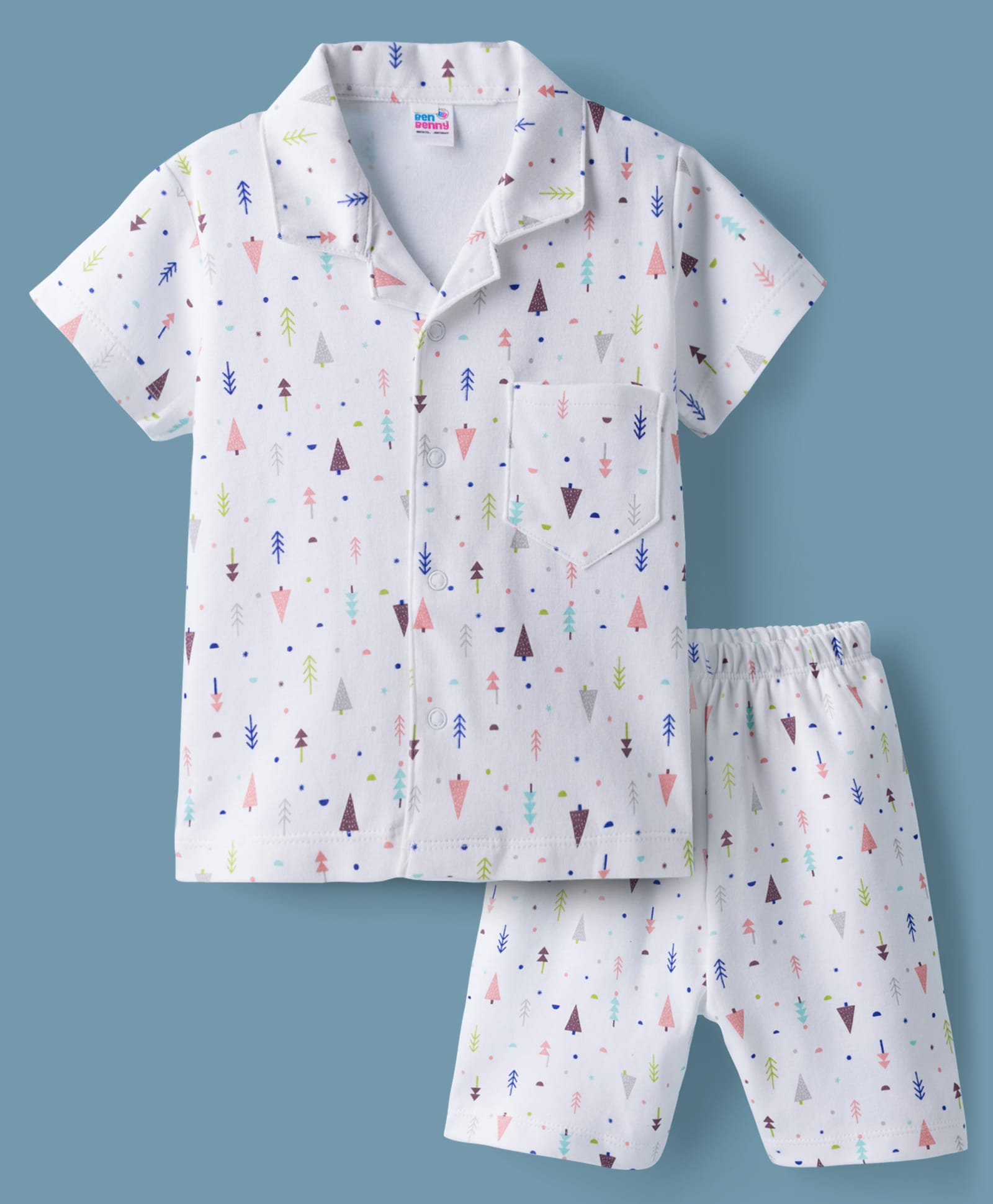 Ben Benny Interlock Knit Half Sleeves Shirt & Shorts Co-ord Night Suit With Tree Print - White-picture-31