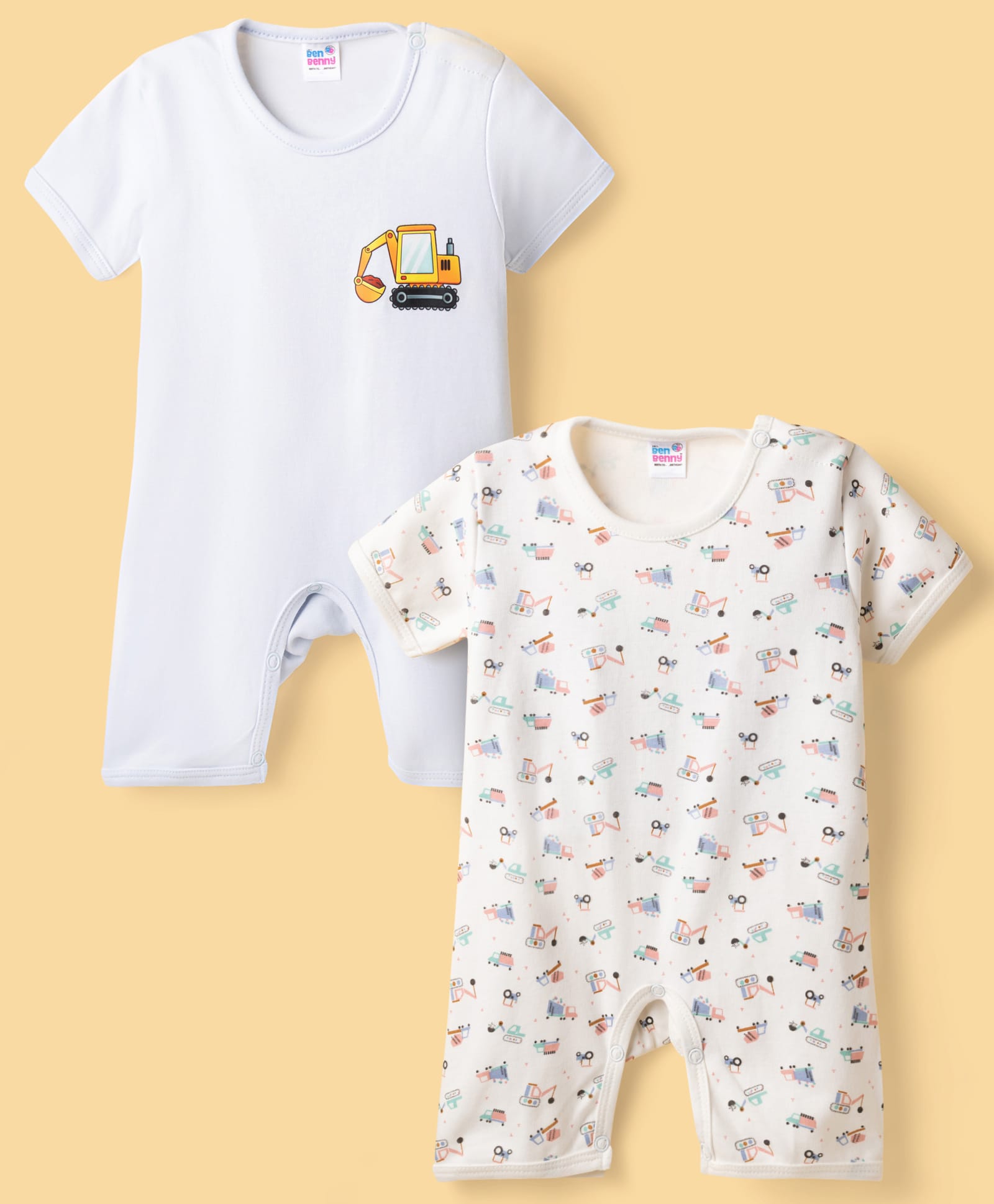 Ben Benny Interlock Knit Half Sleeves Construction Vehicles Printed Rompers Pack Of 2 - Light Blue & White-image-13