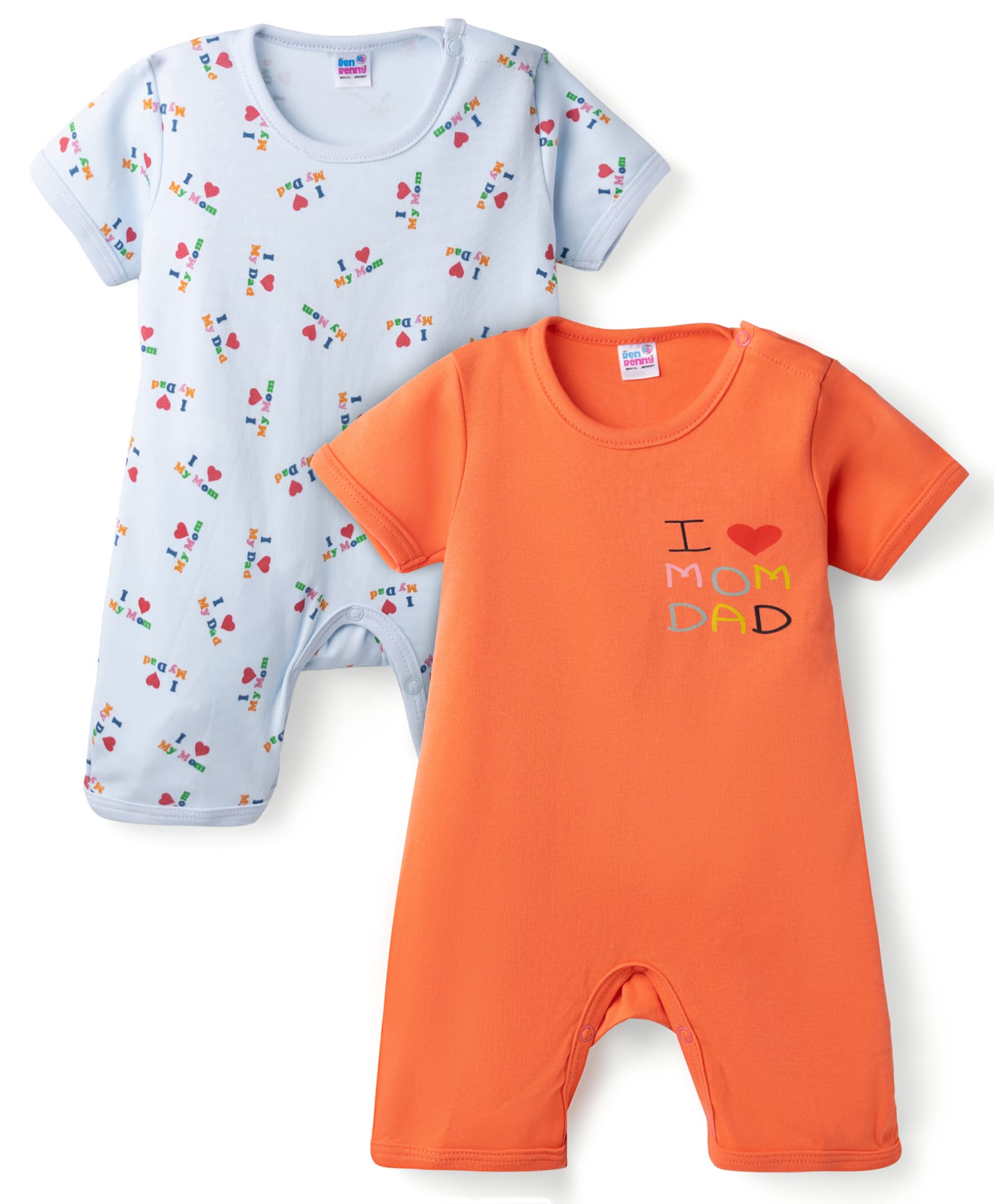 Ben Benny Interlock Knit Half Sleeves I Love My Mom & Dad Printed Rompers Pack Of 2 - Orange & Light Blue-image-18