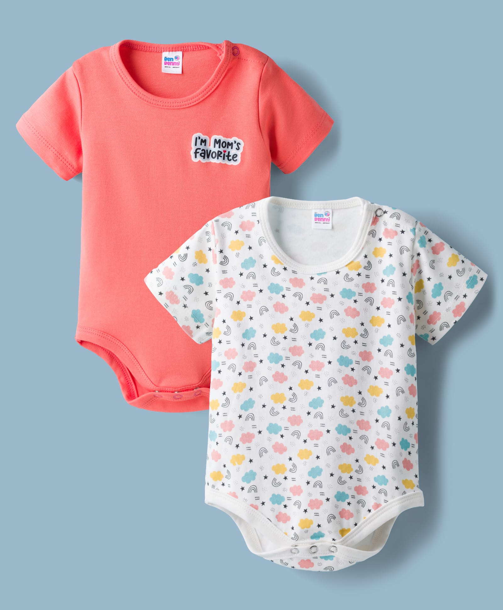 Ben Benny Interlock Knit Half Sleeves Onesies with Rainbow Print Pack of 2 - White & Coral-picture-20