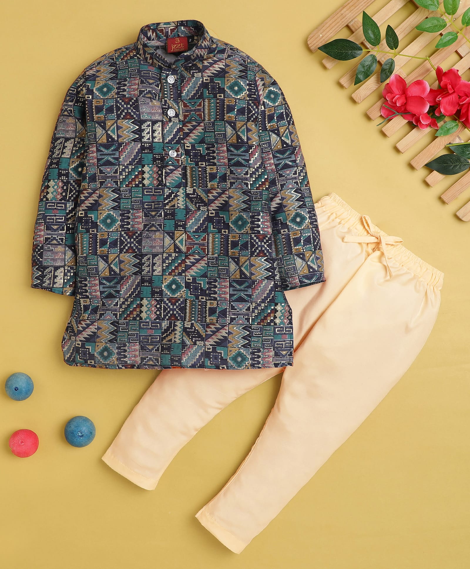 Jeet Ethnics Cotton Blend Knit Full Sleeves Abstract Foil Printed Kurta & Pyjama Set - Navy Blue-image-1
