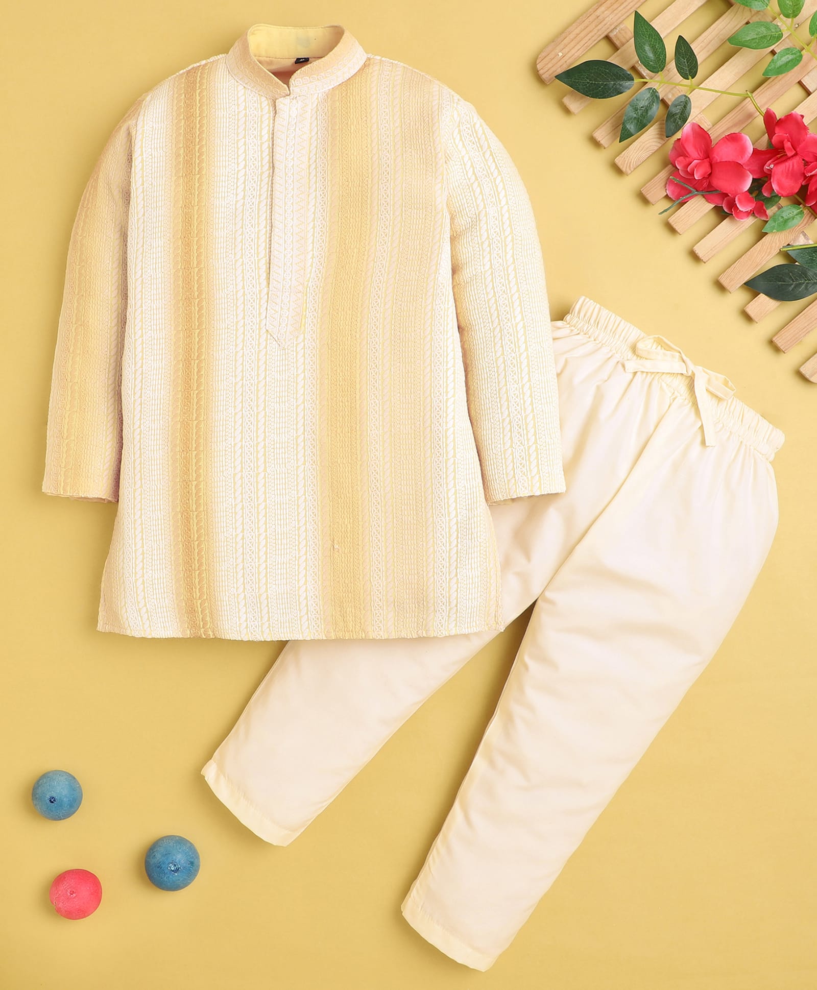 Jeet Ethnics Cotton Blend Knit Full Sleeves Thread Work Embroidered Kurta & Pyjama Set - Beige-image-15