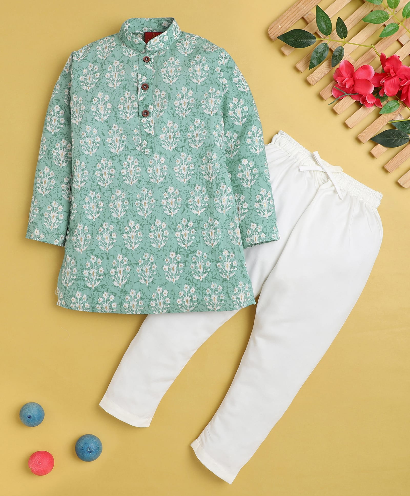 Jeet Ethnics Cotton Blend Knit Full Sleeves Ethnic Motifs Printed Kurta & Pyjama Set - Turquoise-picture-16
