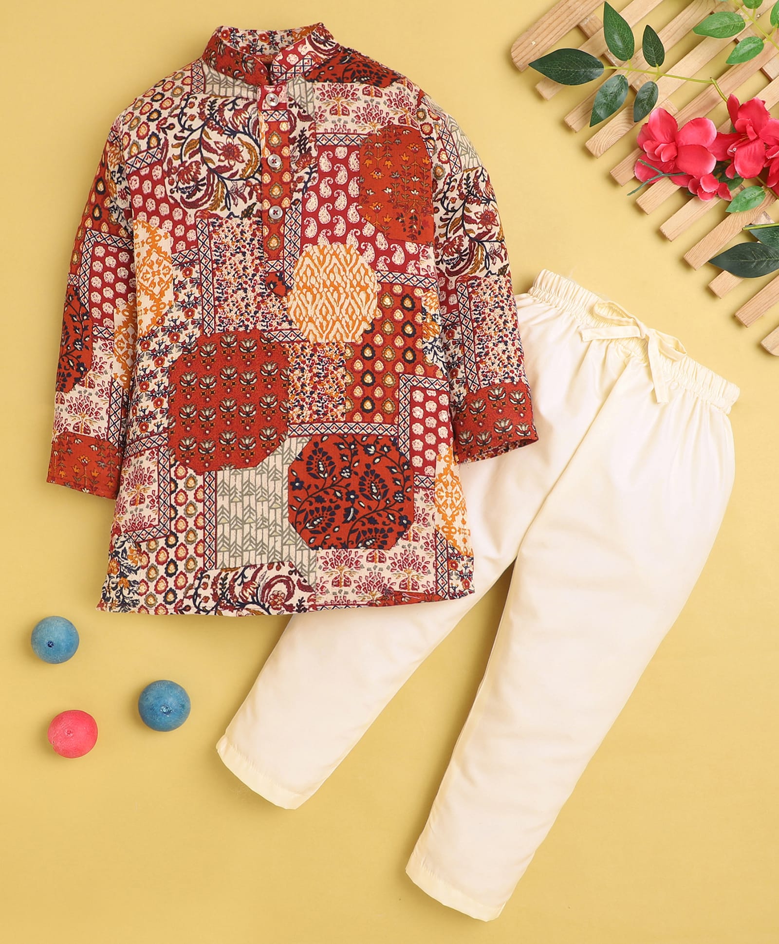Jeet Ethnics Cotton Blend Knit Full Sleeves Floral & Paisley Printed Kurta & Pyjama Set - Brown-image-25