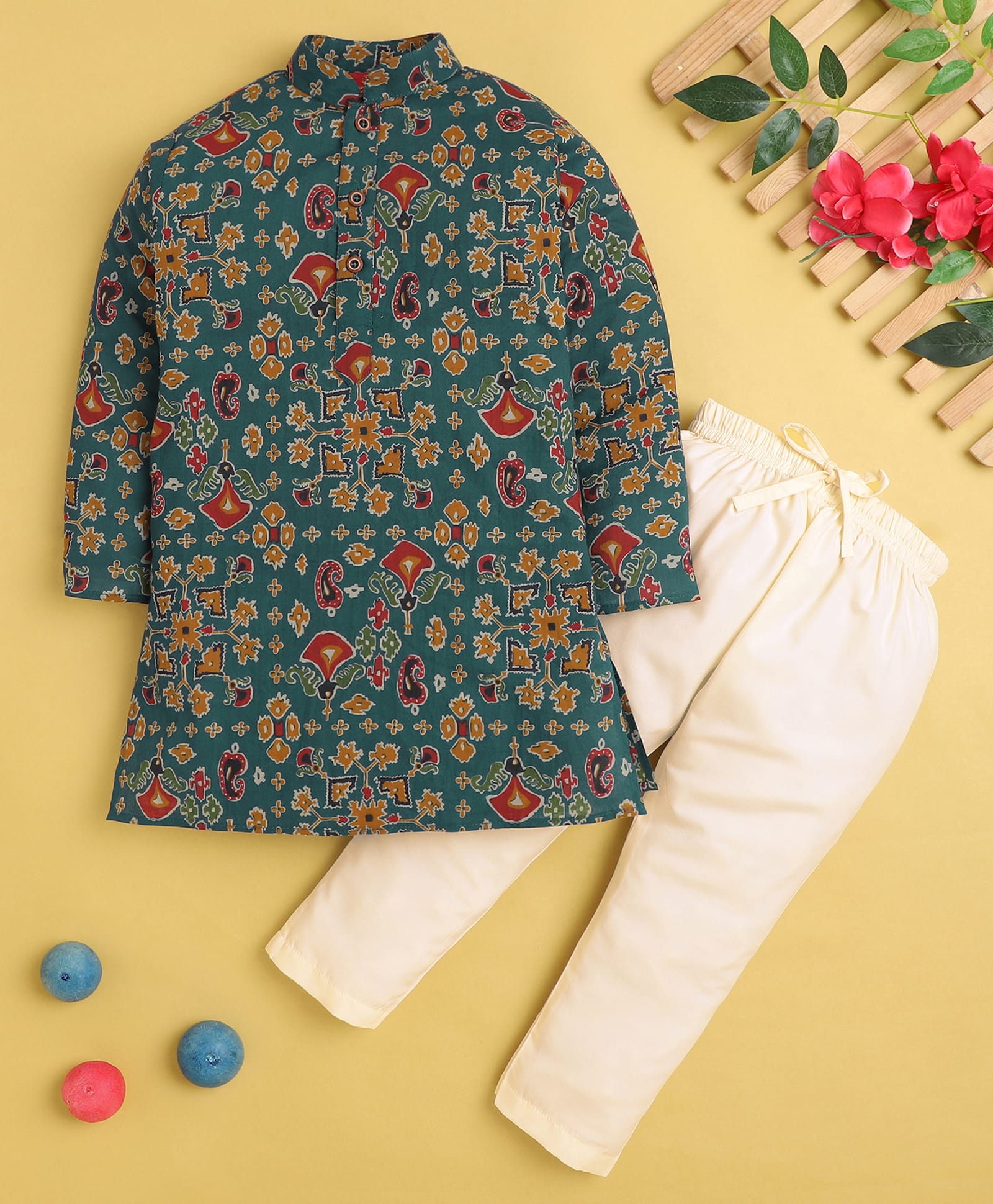 Jeet Ethnics Cotton Blend Knit Full Sleeves Floral Printed Kurta & Pyjama Set - Navy Blue-picture-45