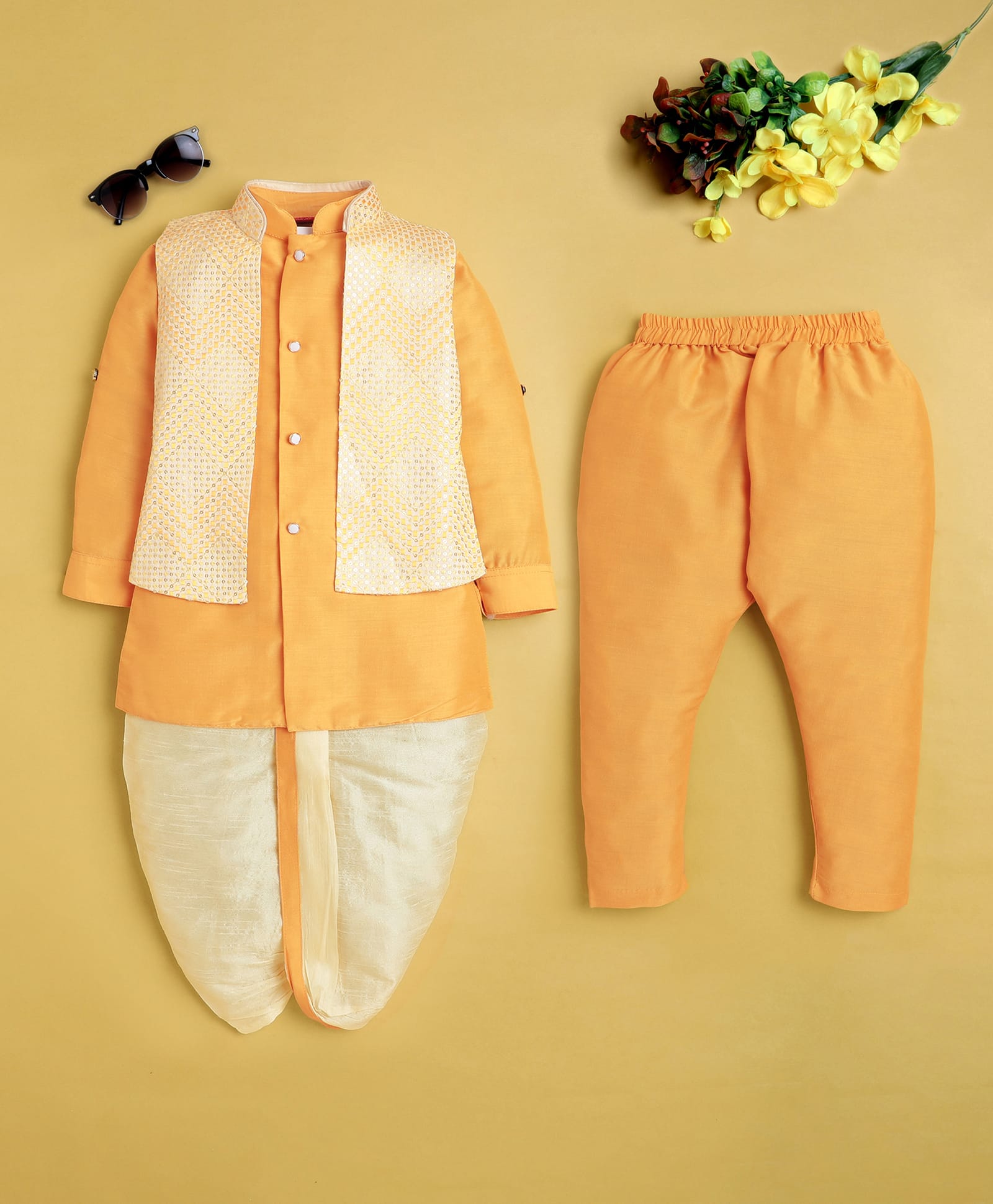 Jeet Ethnics Cotton Blend Knit Full Sleeves Kurta Dhoti & Pyjama Set With Sequins Embellished & Threadwork Detailed Jacket - Yellow-image-21