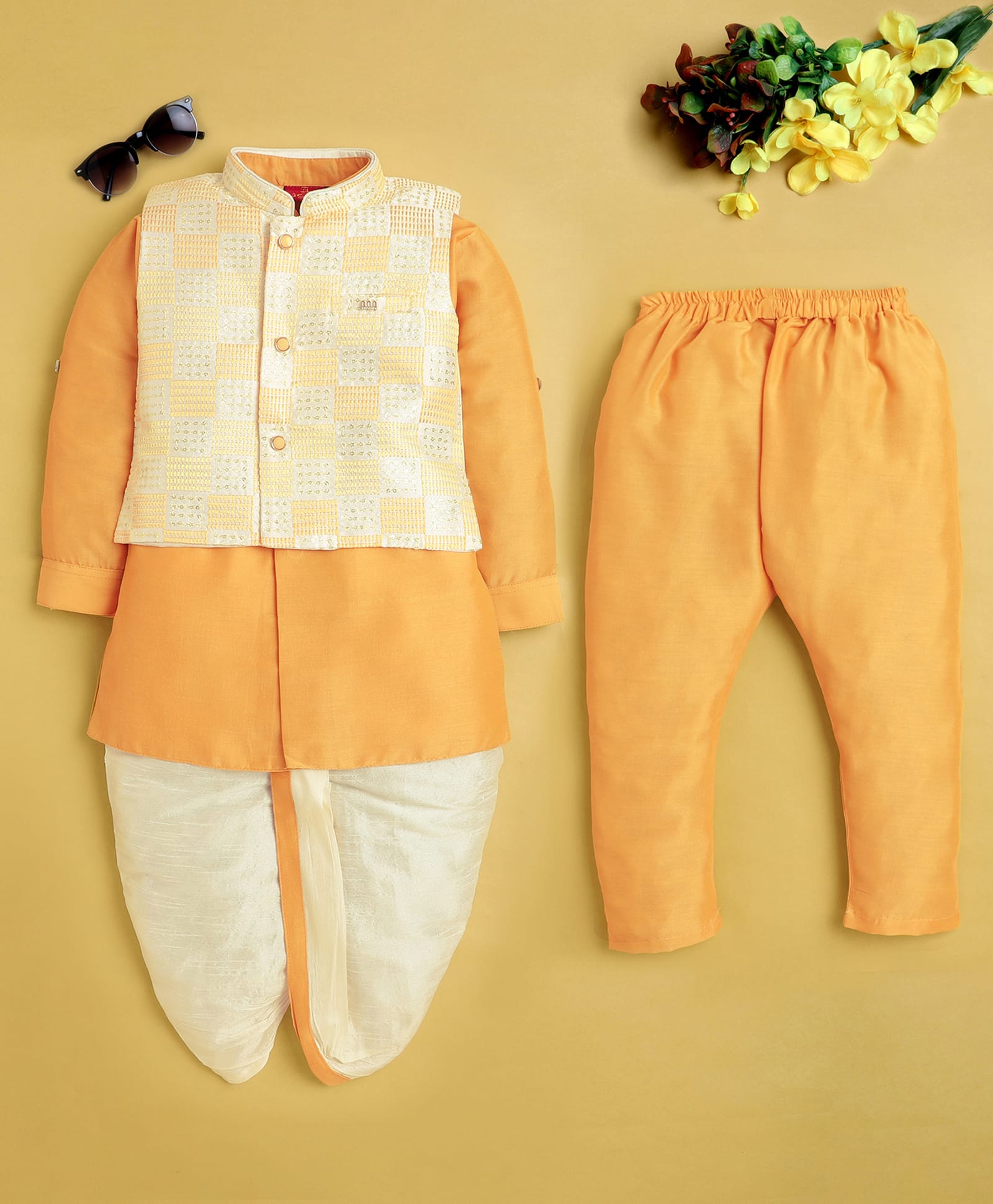 Jeet Ethnics Cotton Blend Knit Full Sleeves Kurta Dhoti & Pyjama Set With Sequins Embellished & Threadwork Detailed Jacket - Yellow-picture-26