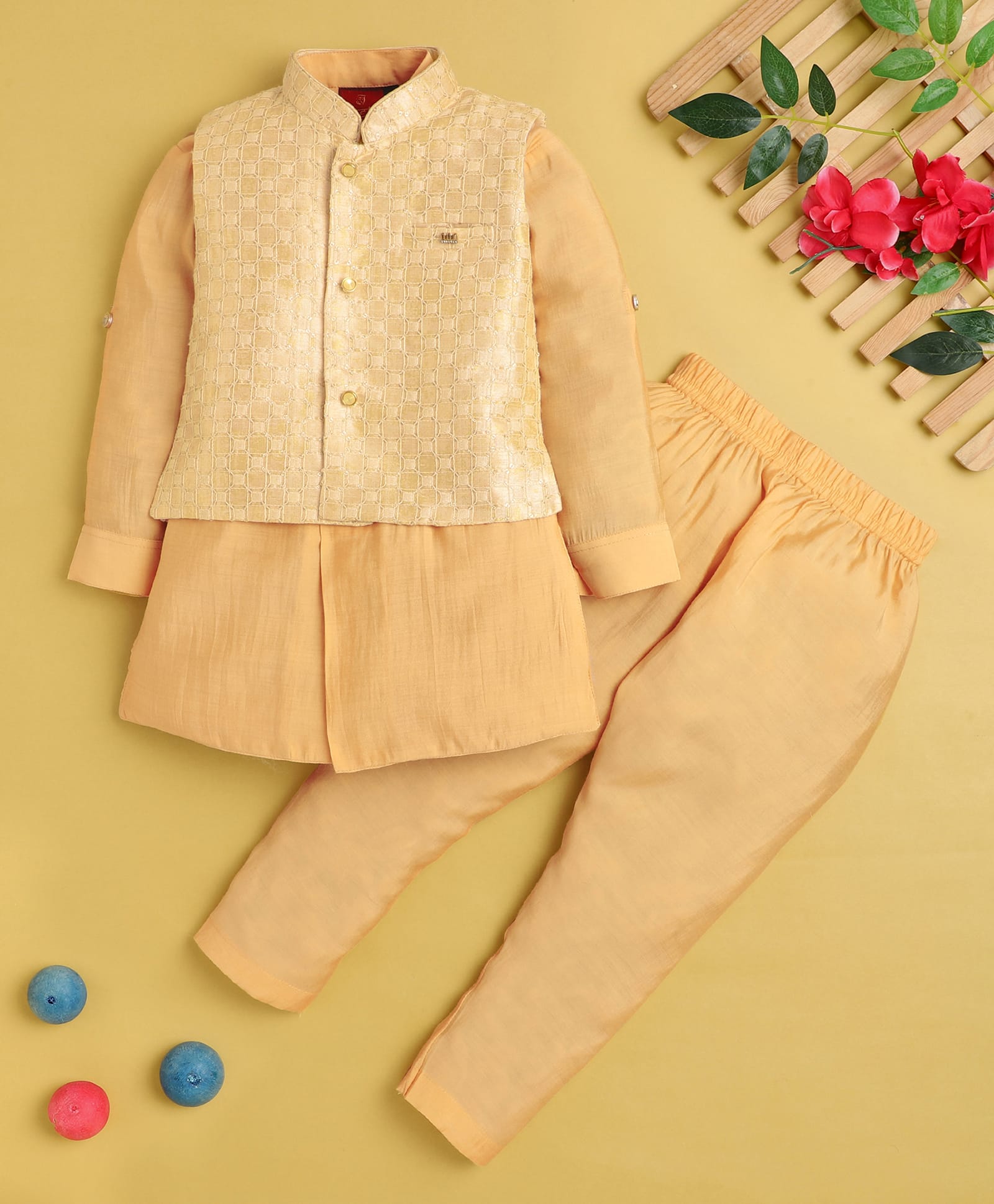 Jeet Ethnics Cotton Blend Knit Full Sleeves Kurta & Pyjama Set With Sequins Embellished Threadwork Detailed Jacket - Beige-image-3