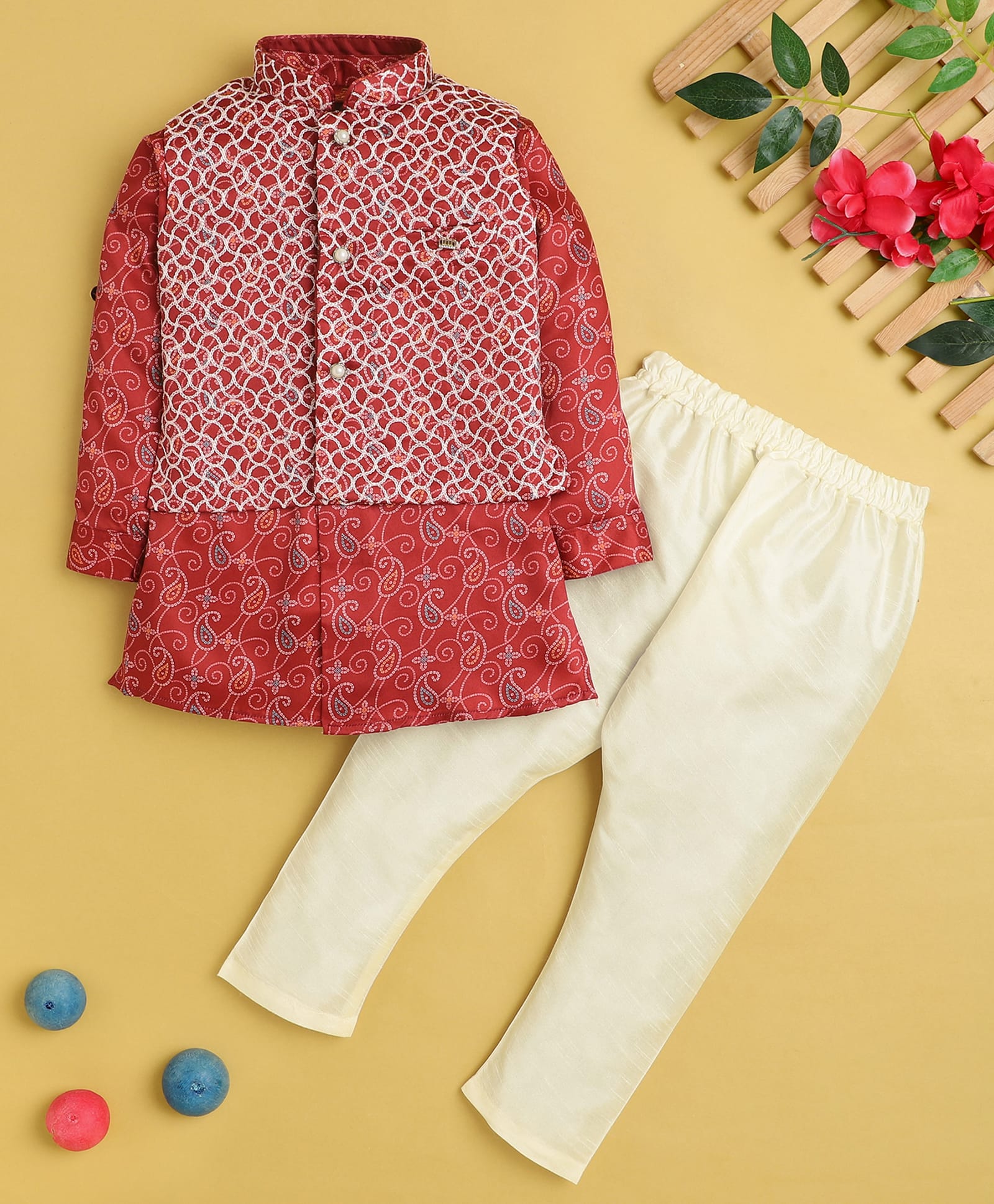 Jeet Ethnics Cotton Blend Knit Full Sleeves Kurta & Pyjama Set With Bandhni Printed Threadwork Detailed Jacket - Maroon-picture-21