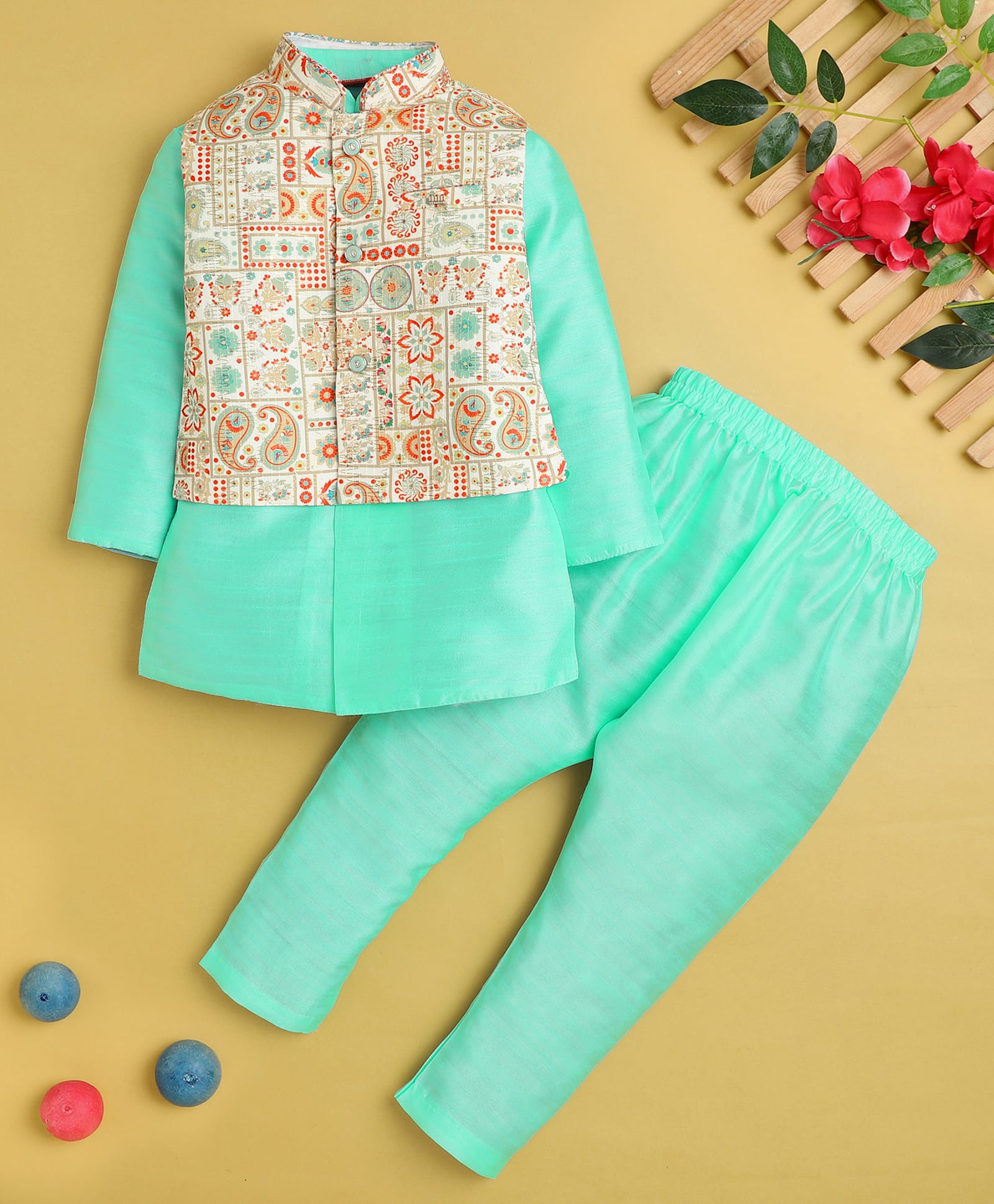 Jeet Ethnics Cotton Blend Knit Full Sleeves Kurta & Pyjama Set With Ethnic Motifs Printed Jacket - Sea Green-picture-37
