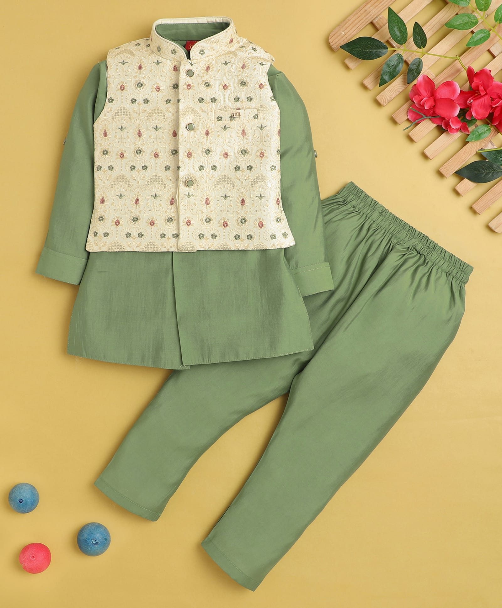 Jeet Ethnics Cotton Blend Knit Full Sleeves Kurta & Pyjama Set With Sequins Embellished Ethnic Motifs Embroidered Jacket - Green-picture-38