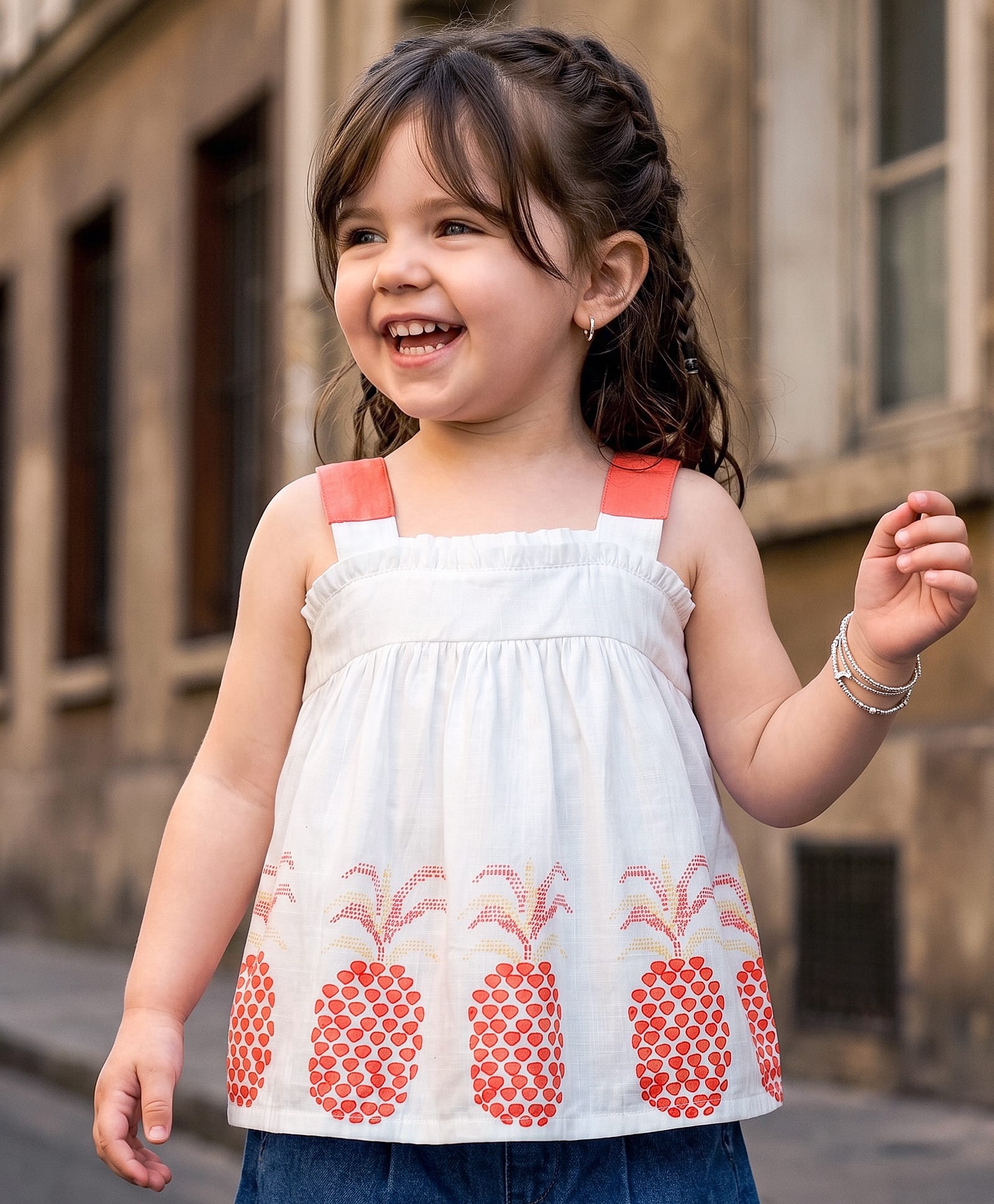 Babyoye Cotton Woven Sleeveless Top With Pineapple Print - Off White-image-29